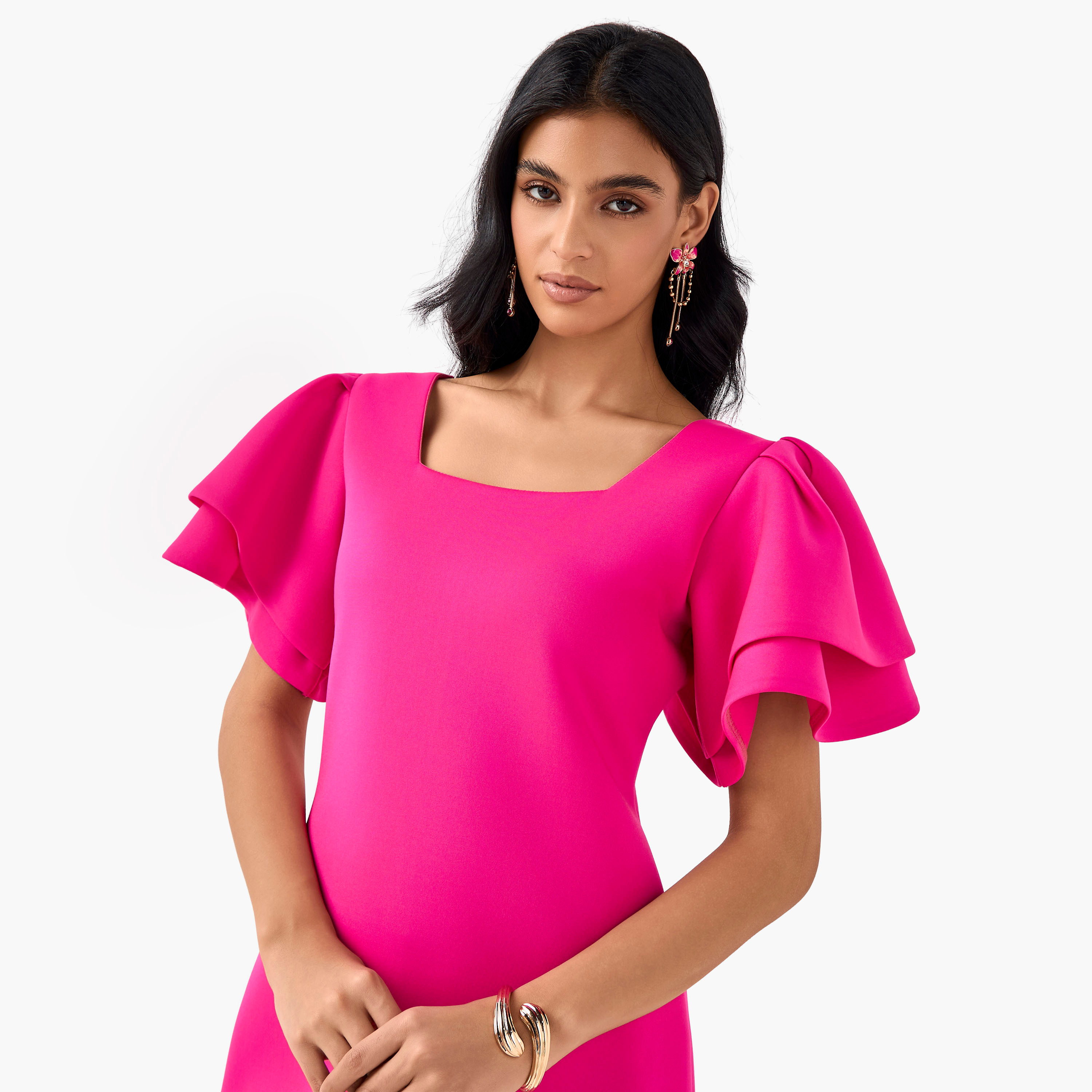 Golden Apple Bodycon Midi Polyester Dress with Flutter Sleeves-women-clothing-dresses-image-8