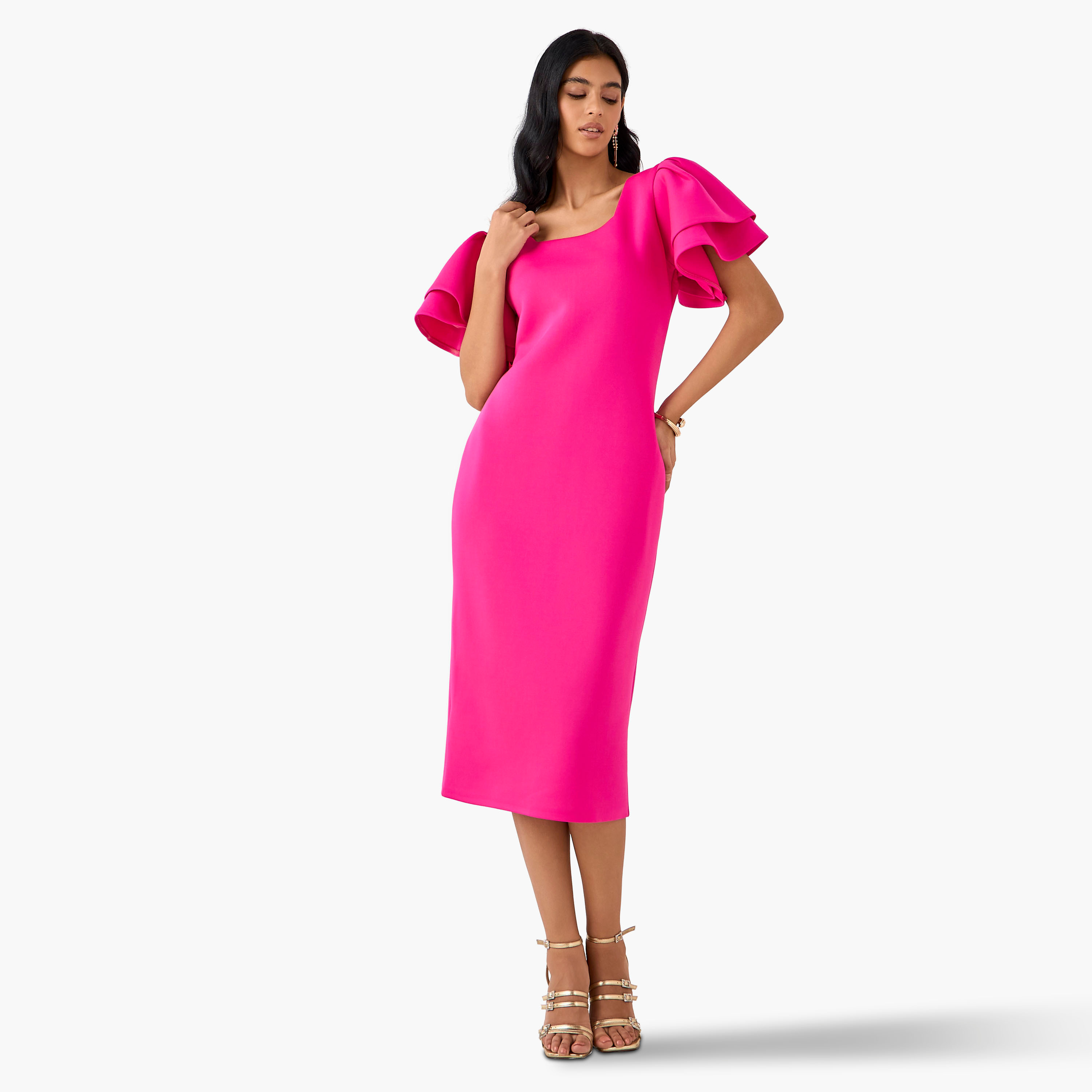 Golden Apple Bodycon Midi Polyester Dress with Flutter Sleeves-women-clothing-dresses-image-10