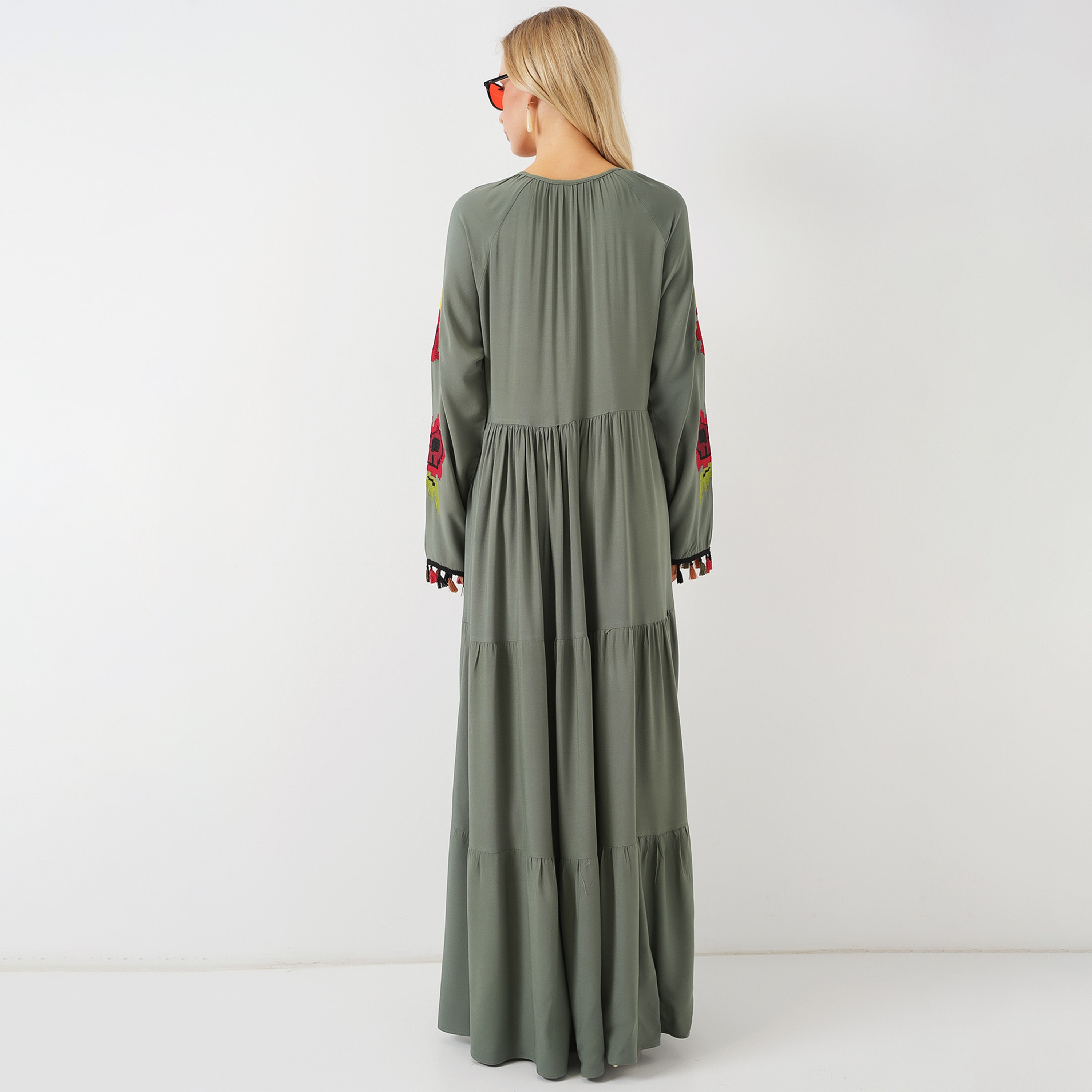 Bigdart Tie-Up Neck Raglan Sleeves Tiered Khaki Women's Maxi Dress-women-clothing-dresses-image-3