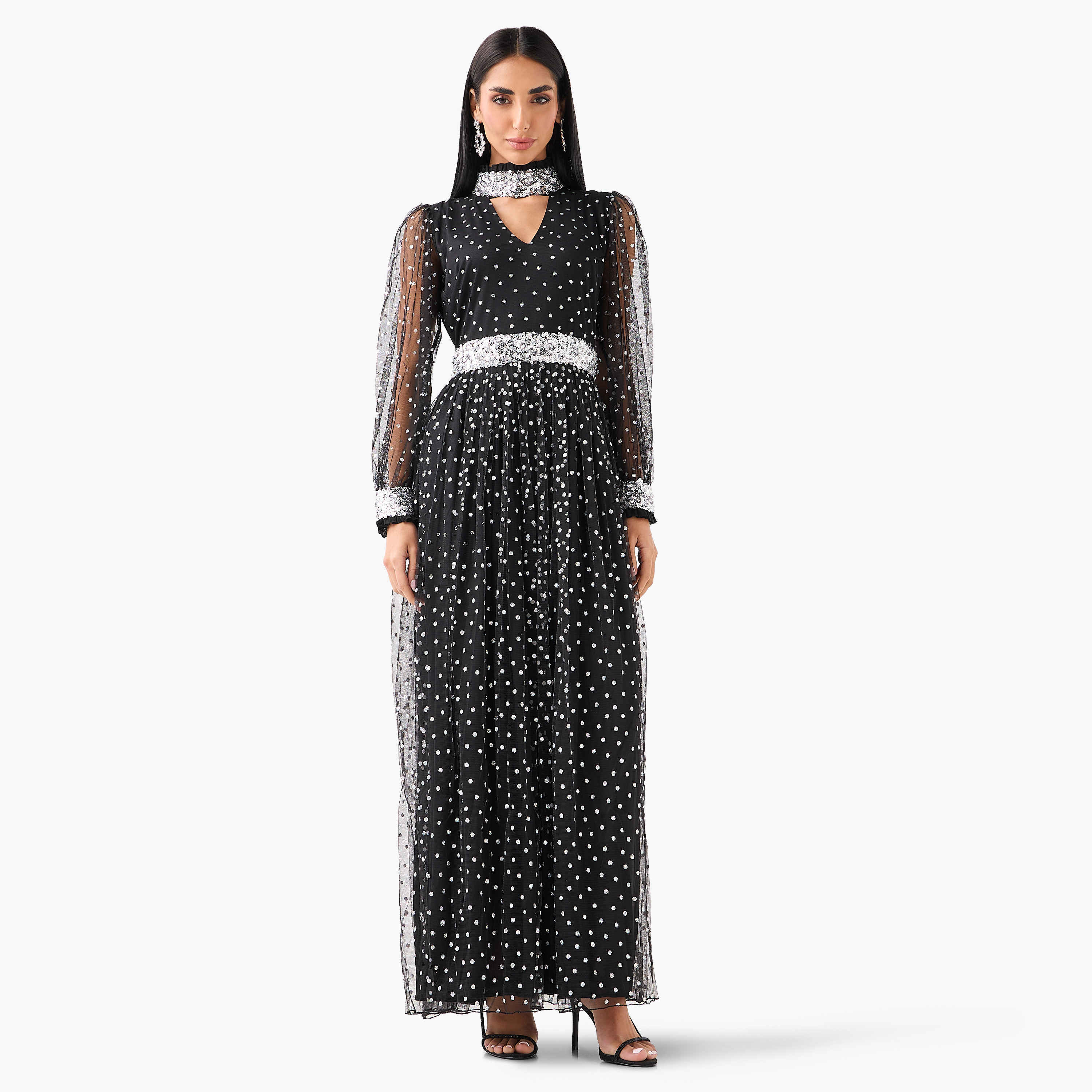 Golden Apple Black Embellished High Neck Bishop Sleeves Women's Evening Maxi Dress-women-clothing-dresses-image-3