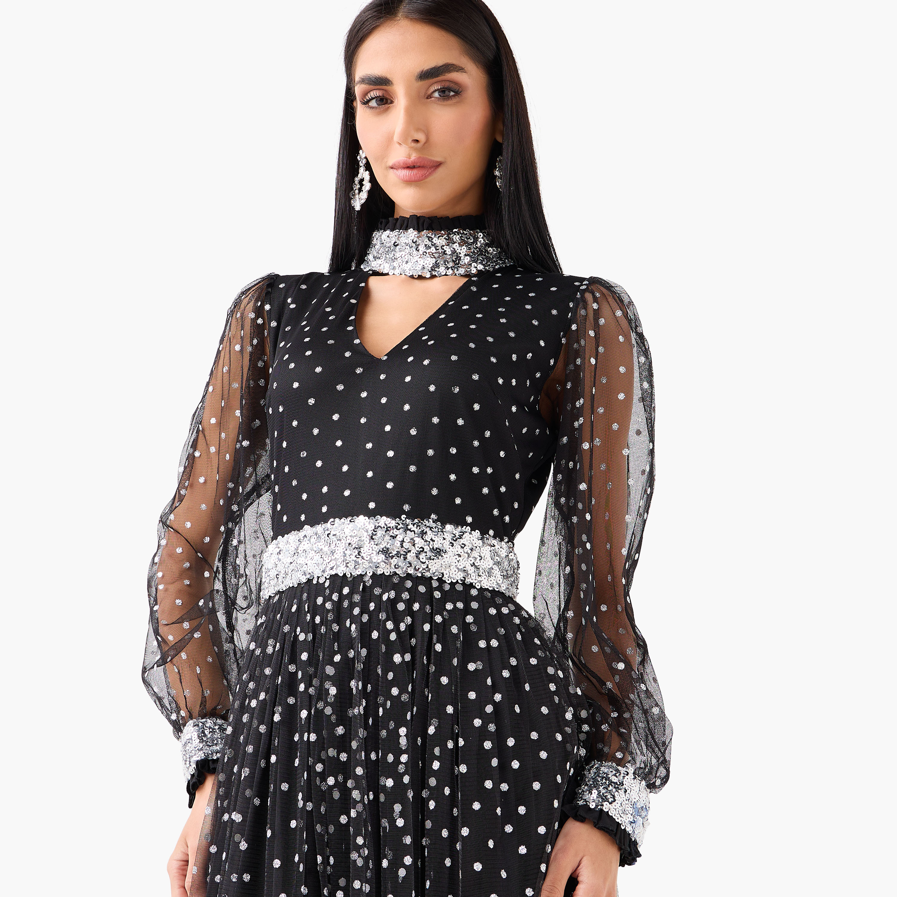 Golden Apple Black Embellished High Neck Bishop Sleeves Women's Evening Maxi Dress-women-clothing-dresses-image-5