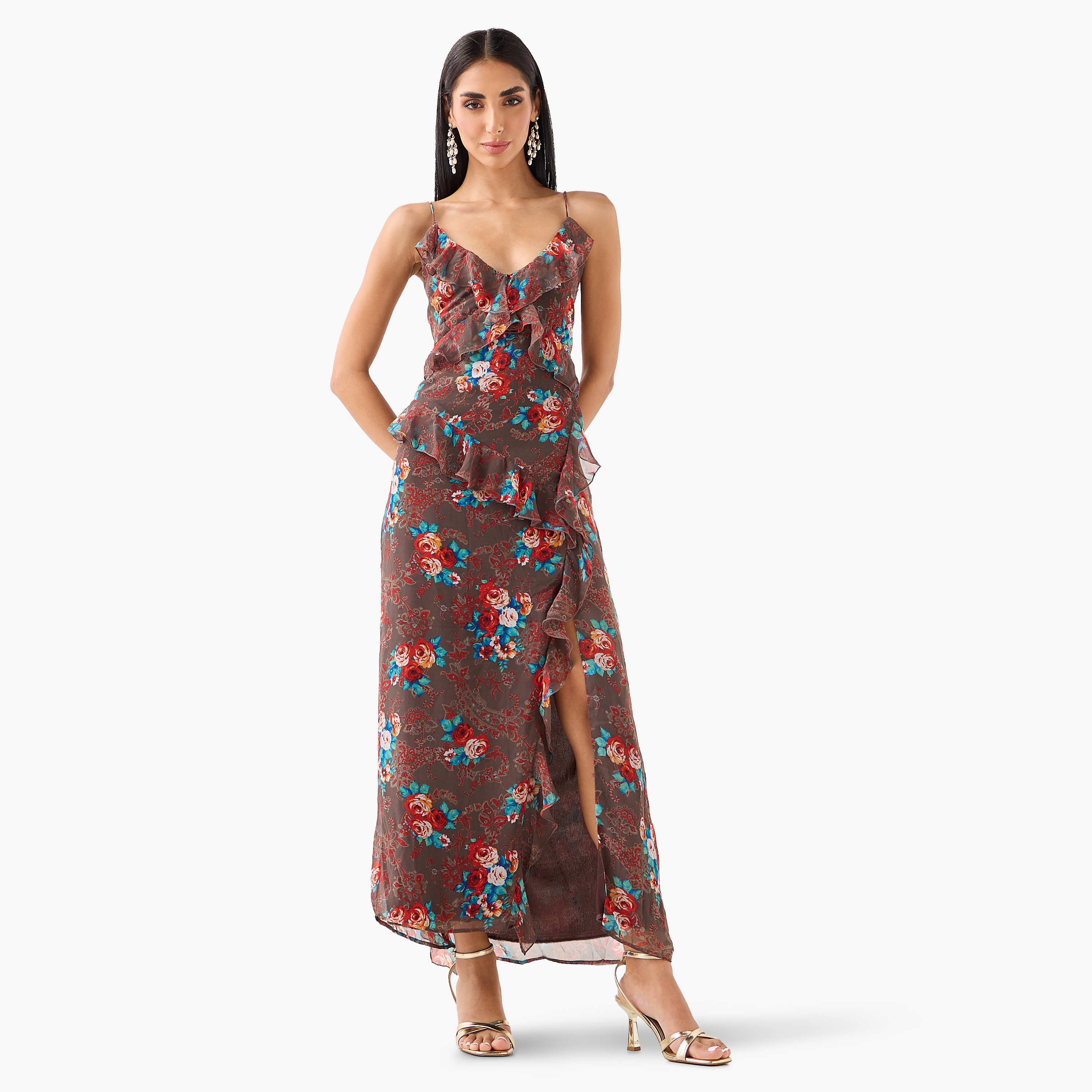 Golden Apple Ruffled Shoulder Straps Women's Maxi Dress-women-clothing-dresses-image-1