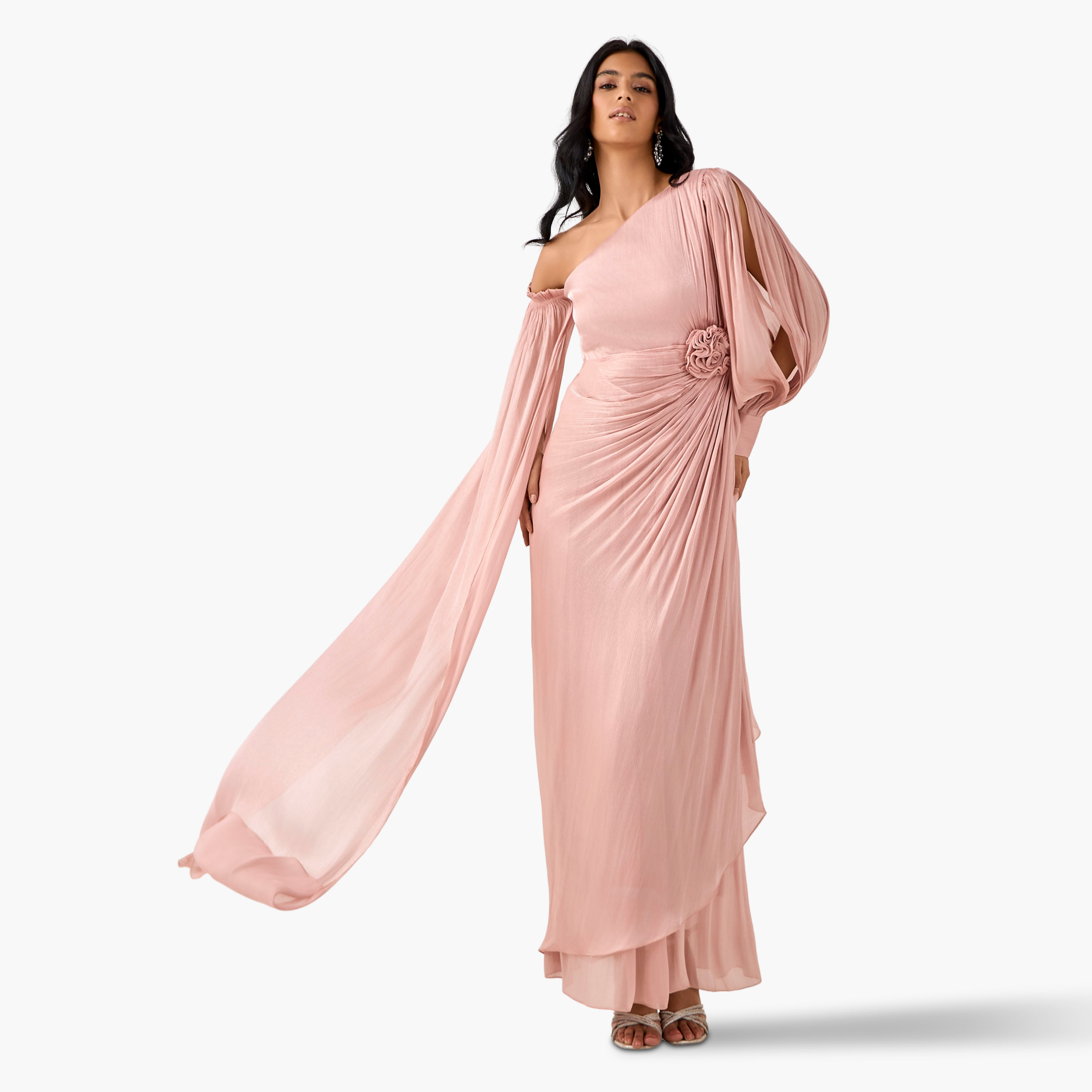 Floral Applique Golden Apple One Shoulder Maxi Polyester Dress with Drape Accent-women-clothing-dresses-image-1