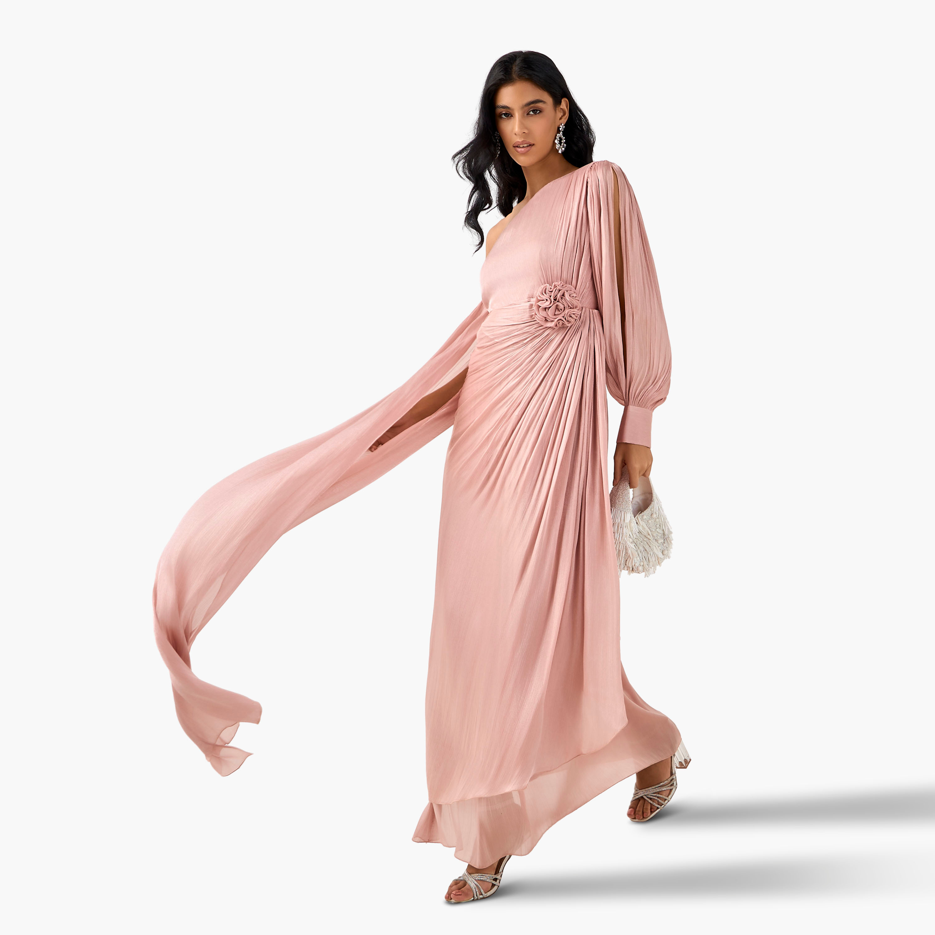 فستان بوليستر ماكسي بكتف واحد وتزيينات ثنايا وزخارف زهرية من جولدن أبل-women-clothing-dresses-image-2