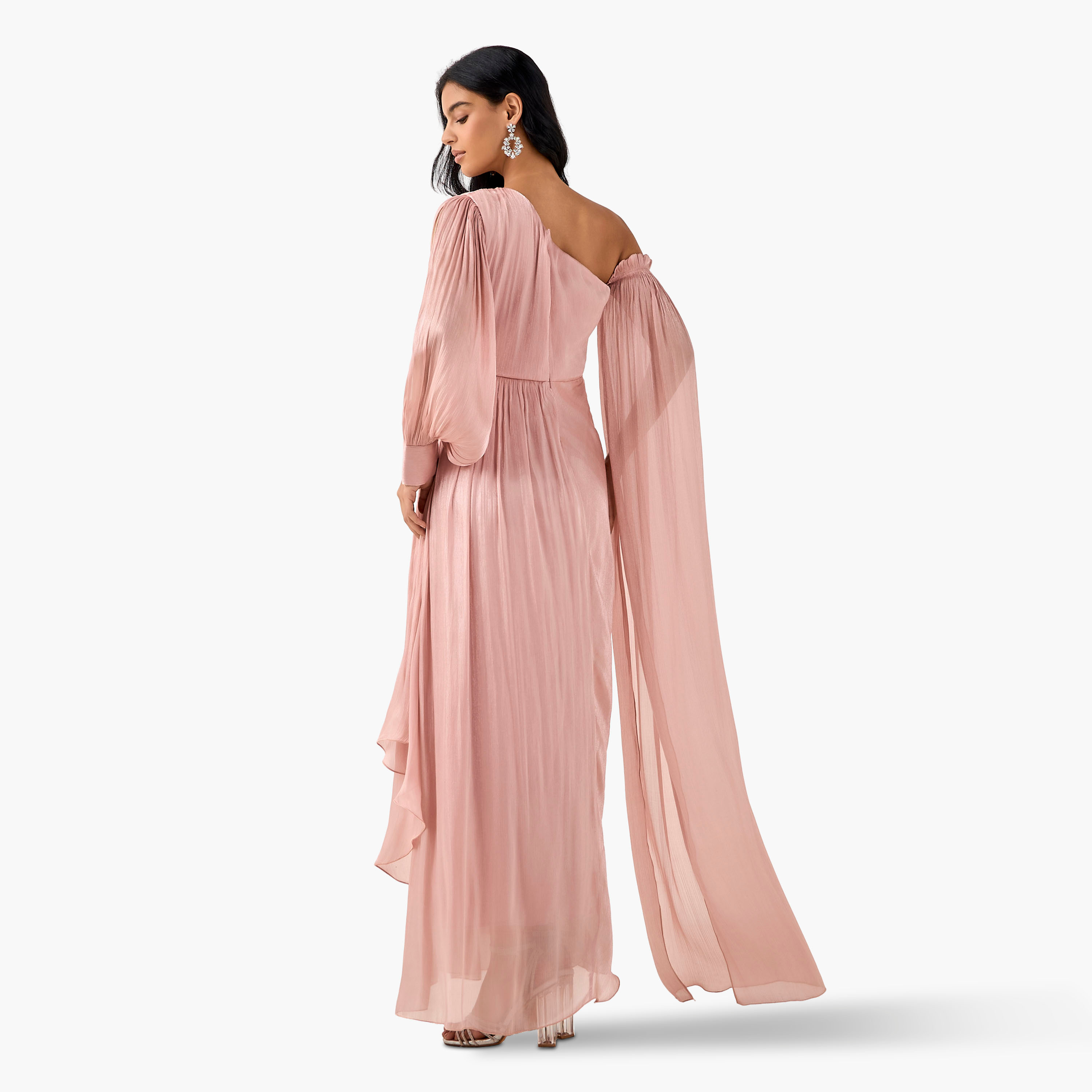 Floral Applique Golden Apple One Shoulder Maxi Polyester Dress with Drape Accent-women-clothing-dresses-image-3