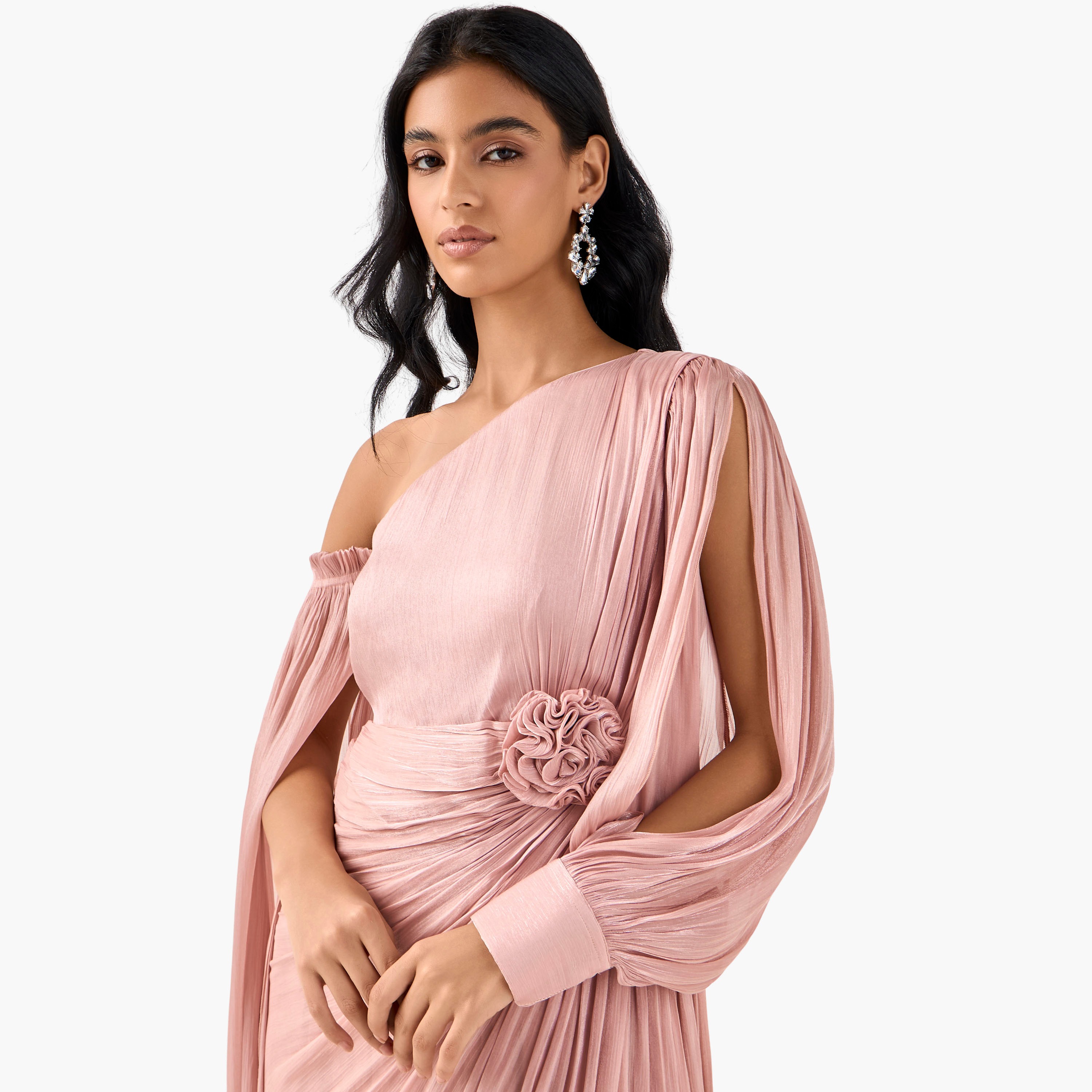 فستان بوليستر ماكسي بكتف واحد وتزيينات ثنايا وزخارف زهرية من جولدن أبل-women-clothing-dresses-image-4