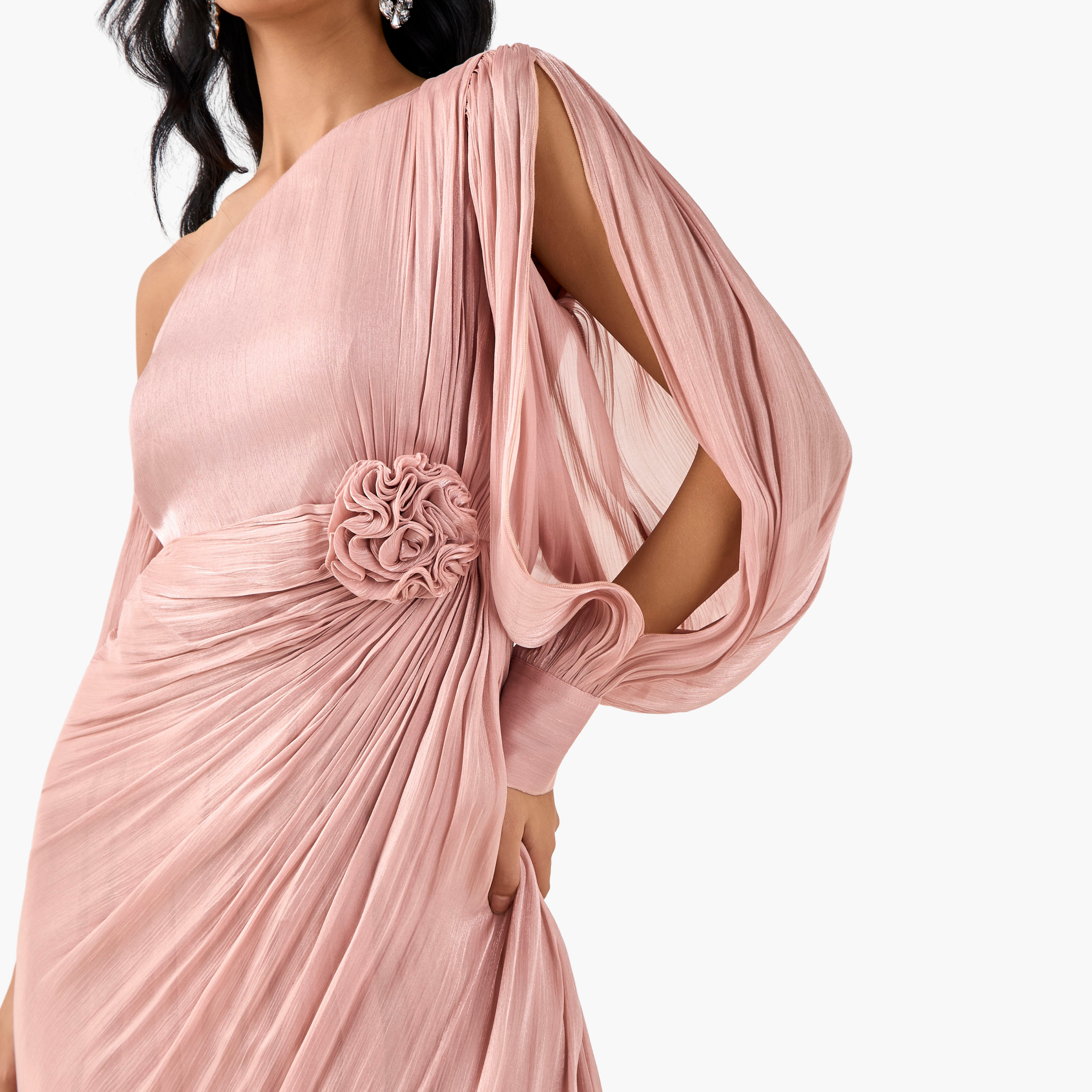 Floral Applique Golden Apple One Shoulder Maxi Polyester Dress with Drape Accent-women-clothing-dresses-image-6