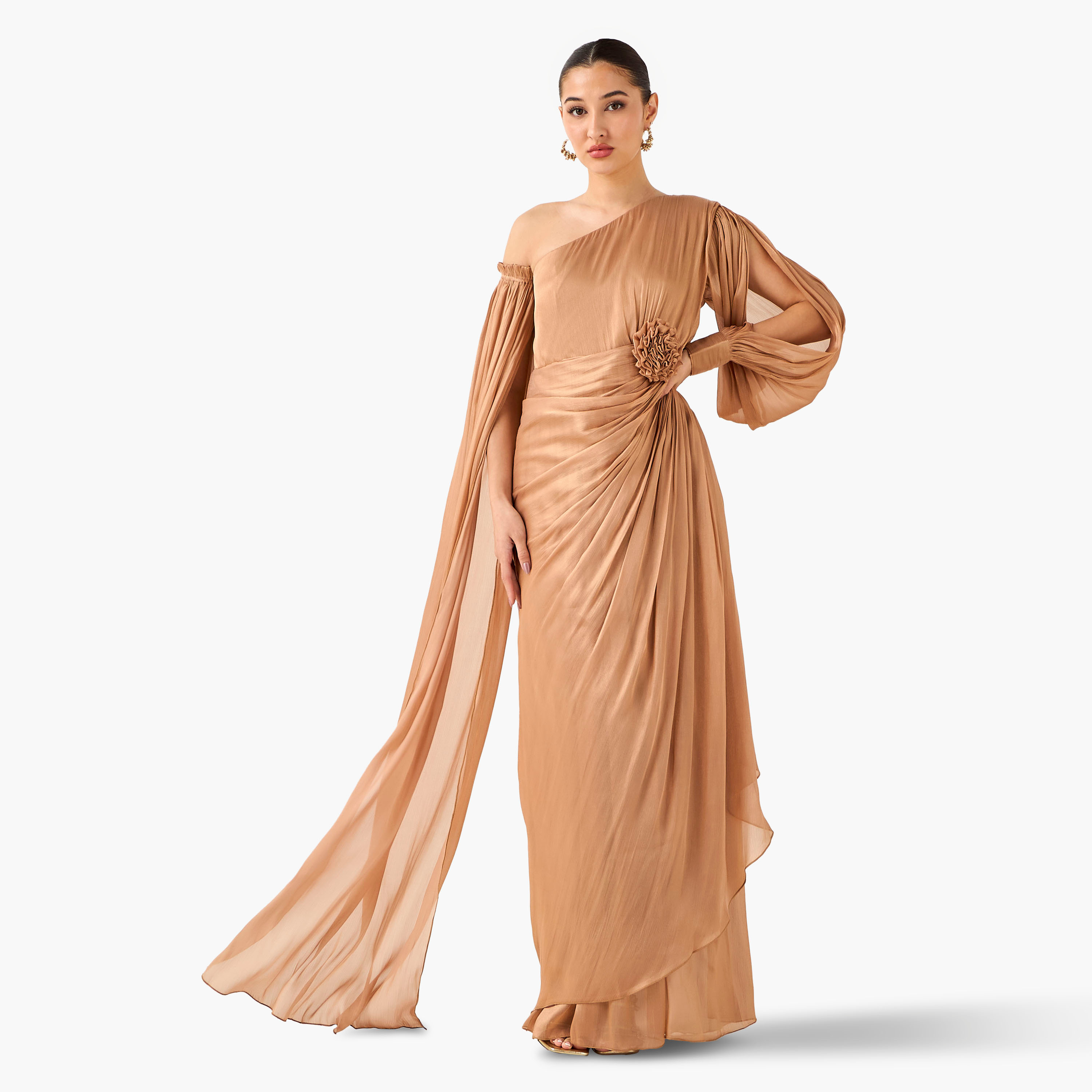 فستان بوليستر ماكسي بكتف واحد وتزيينات ثنايا وزخارف زهرية من جولدن أبل-women-clothing-dresses-image-7