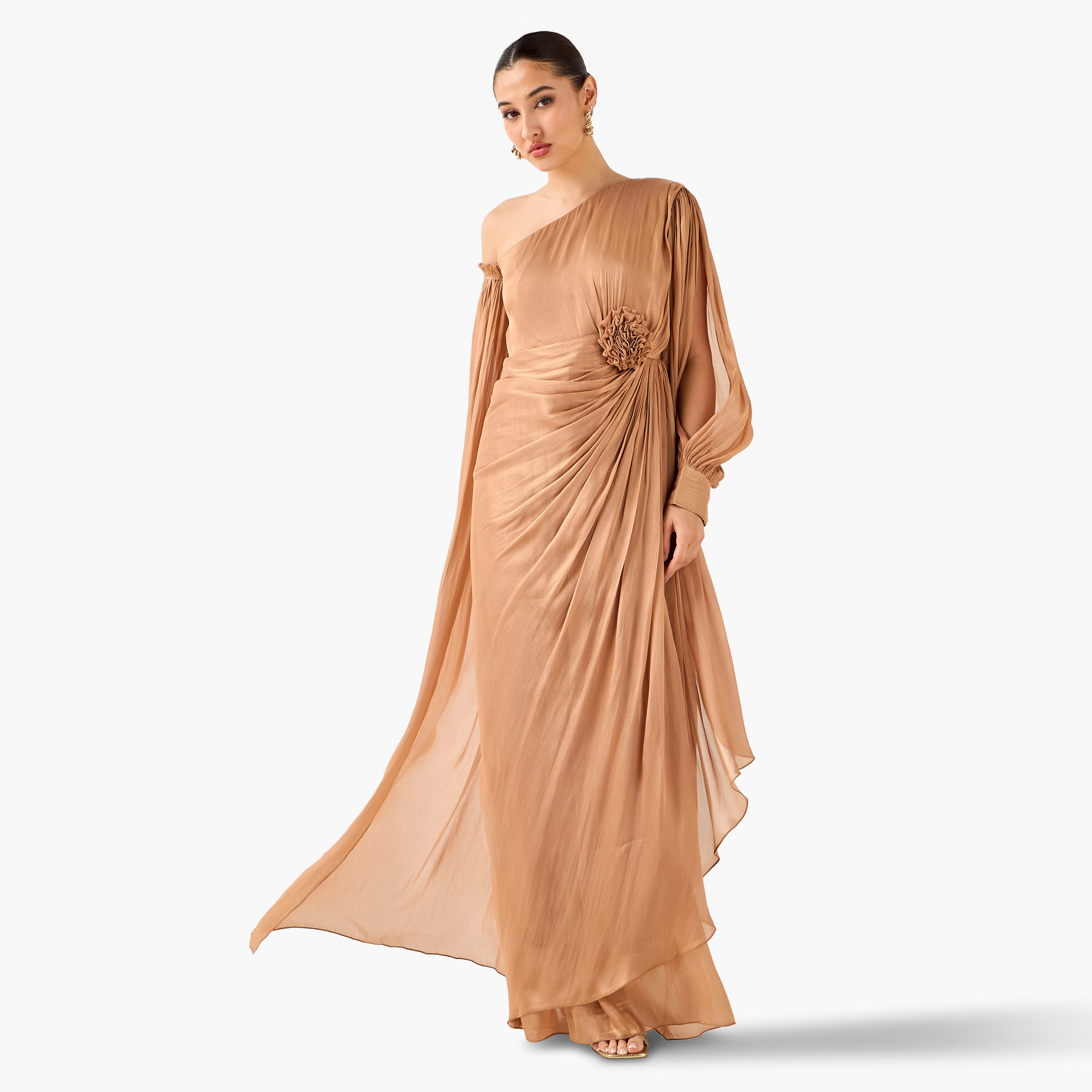فستان بوليستر ماكسي بكتف واحد وتزيينات ثنايا وزخارف زهرية من جولدن أبل-women-clothing-dresses-image-8