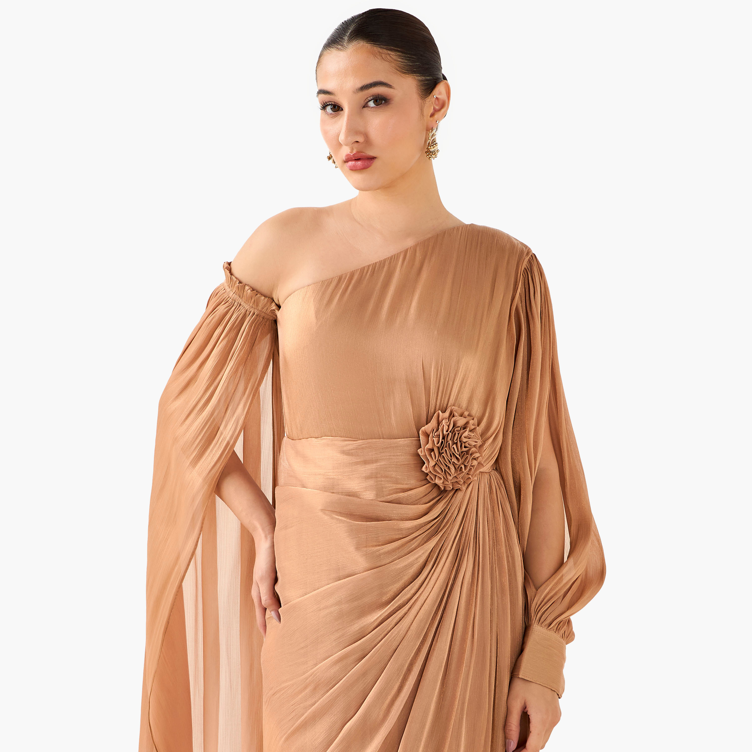 فستان بوليستر ماكسي بكتف واحد وتزيينات ثنايا وزخارف زهرية من جولدن أبل-women-clothing-dresses-image-10