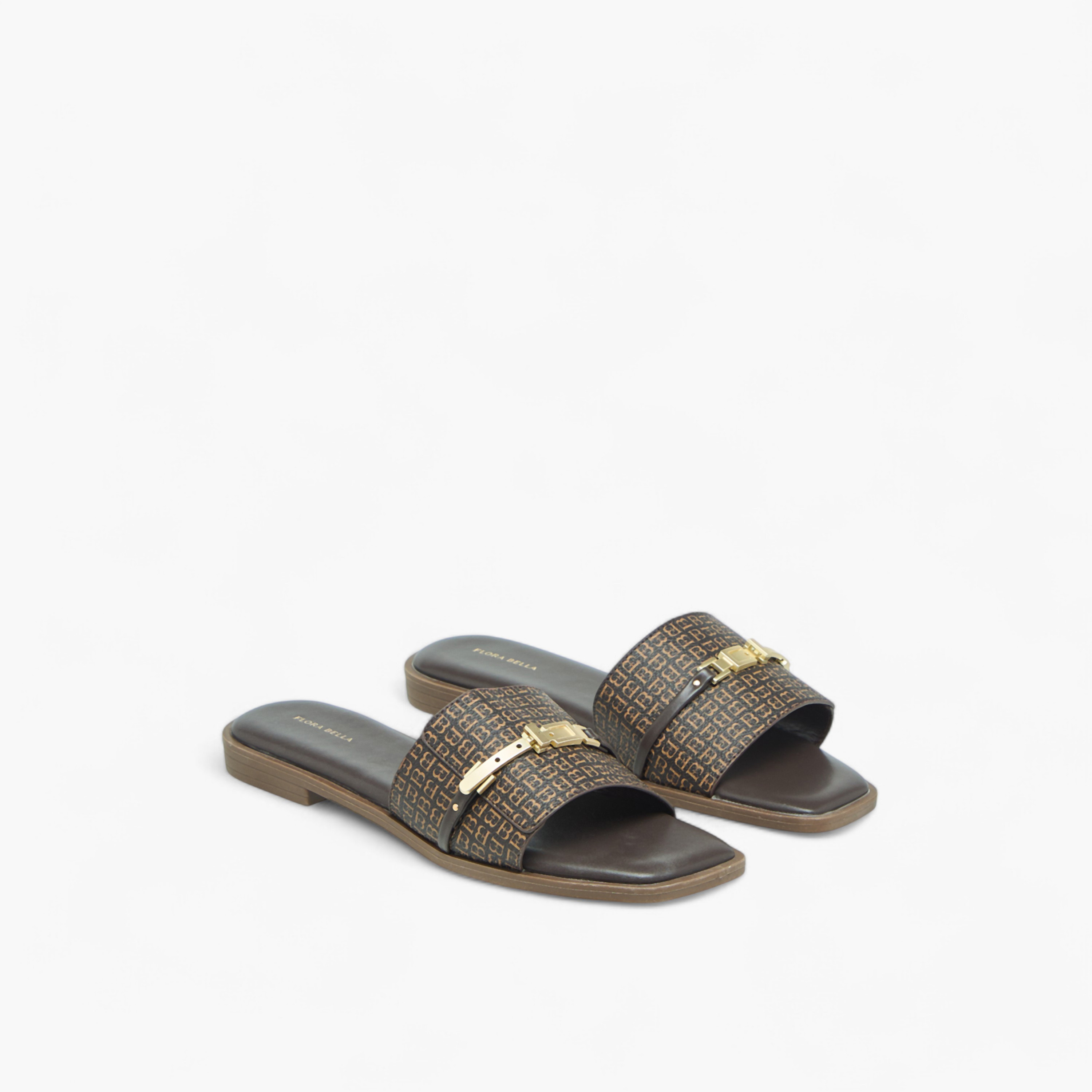 Flora Bella Monogram Print Slip-On Flat Sandals with Metal Accent-women-shoes-flats-sandals-image-1