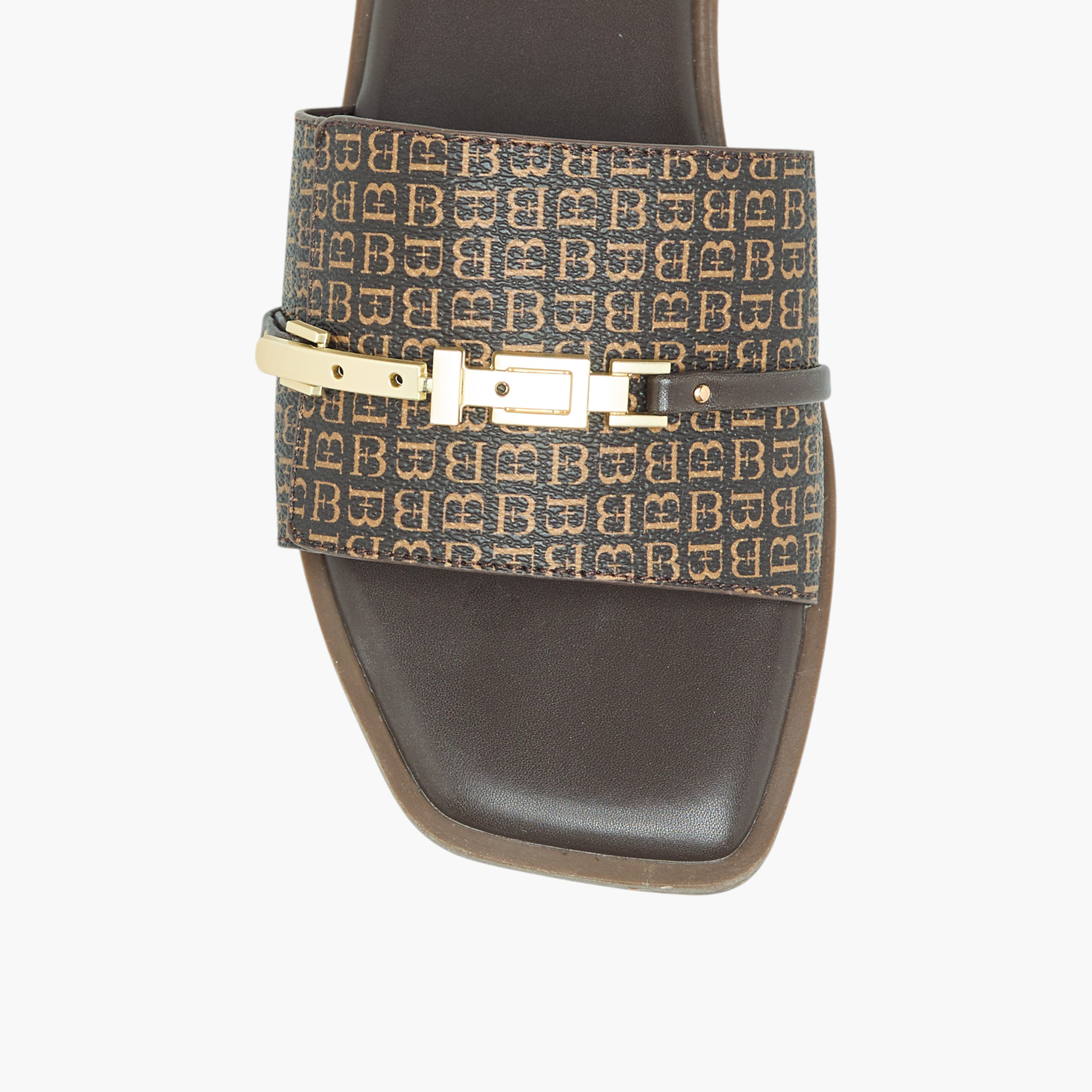 Flora Bella Monogram Print Slip-On Flat Sandals with Metal Accent-women-shoes-flats-sandals-image-4