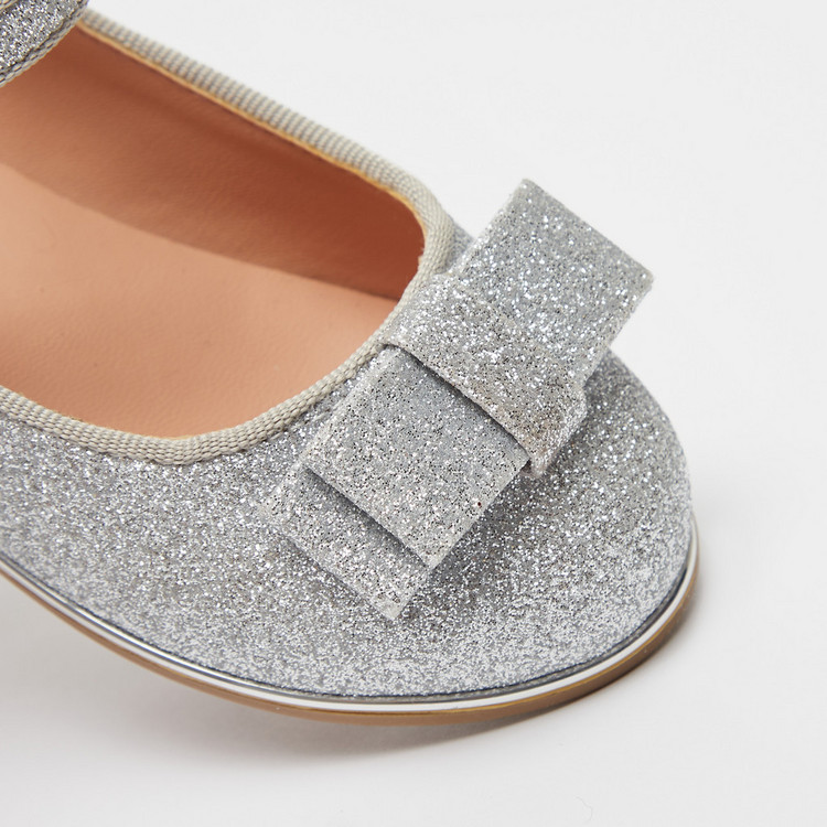 Juniors Glitter Mary Jane Shoes with Hook and Loop Closure and Bow Accent