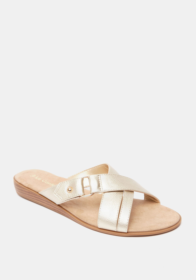 Le Confort Solid Cross Strap Slide Sandals with Metal Accent-Women%27s Flat Sandals-image-1