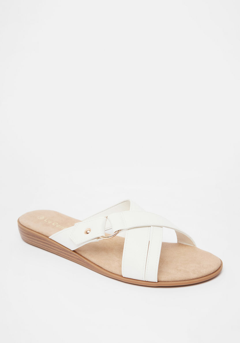Le Confort Solid Cross Strap Slide Sandals with Metal Accent-Women%27s Flat Sandals-image-1