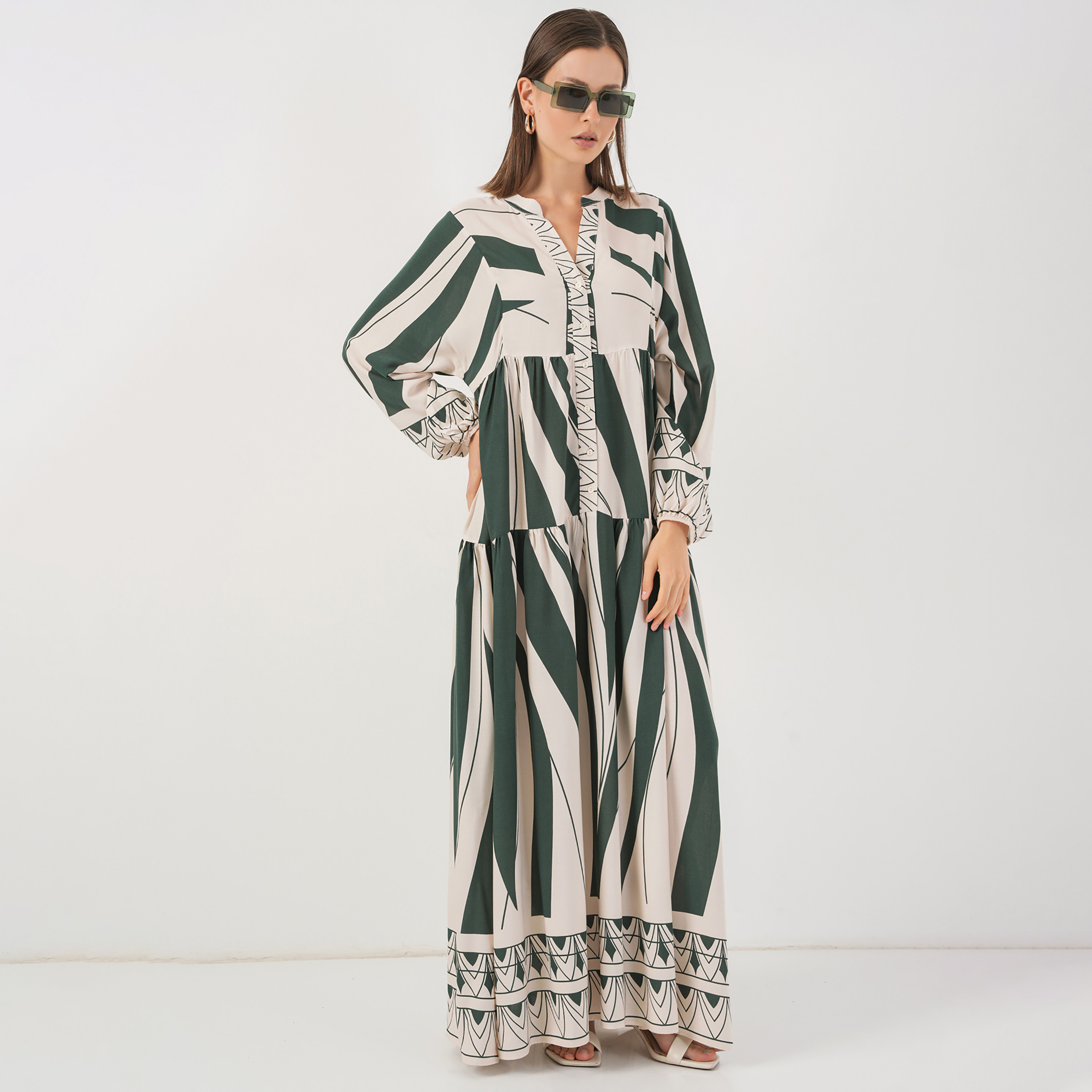 فستان ماكسي نسائي واسع بياقة ماندارين وطبعة ملونة من بيجدارت-women-clothing-dresses-image-7