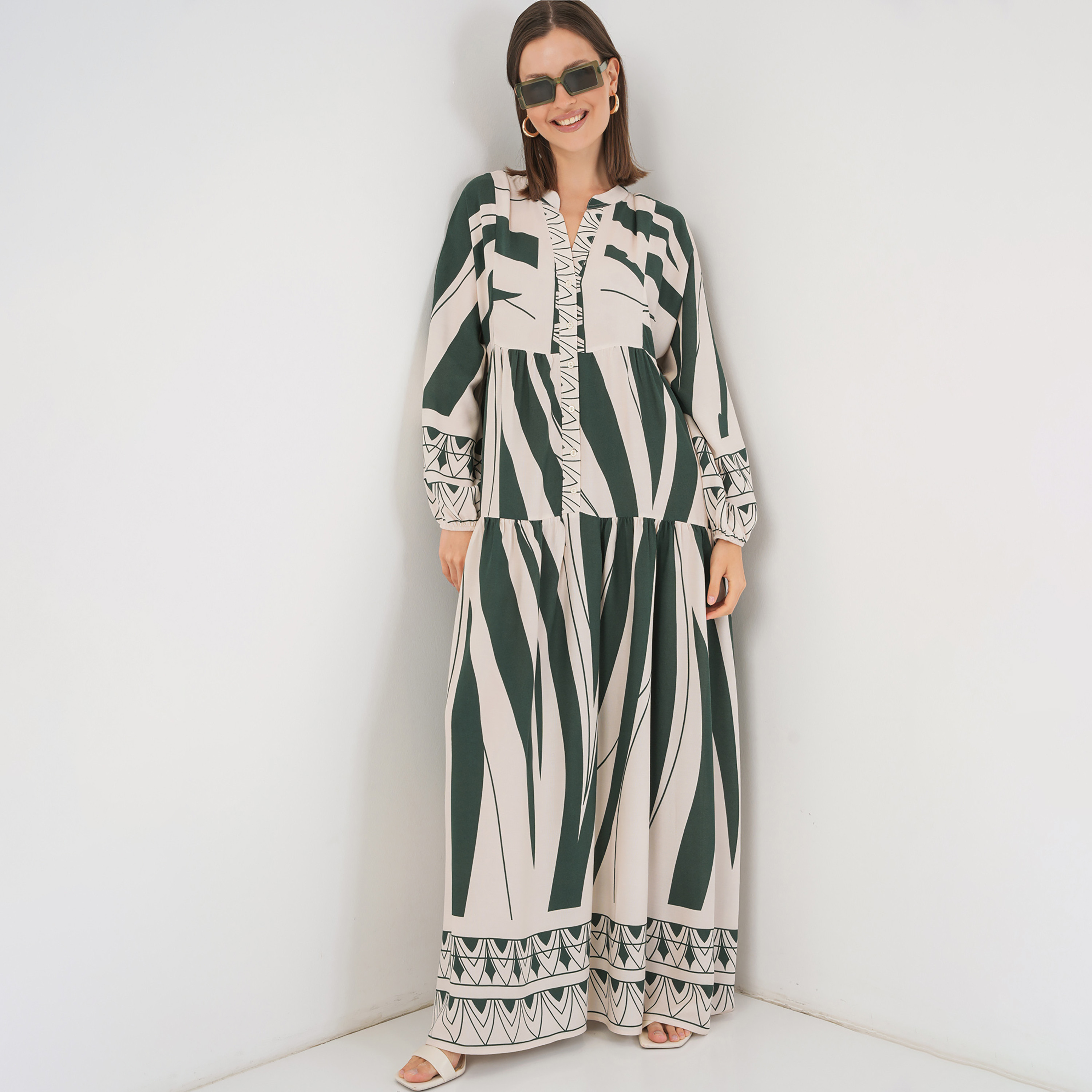 فستان ماكسي نسائي واسع بياقة ماندارين وطبعة ملونة من بيجدارت-women-clothing-dresses-image-9
