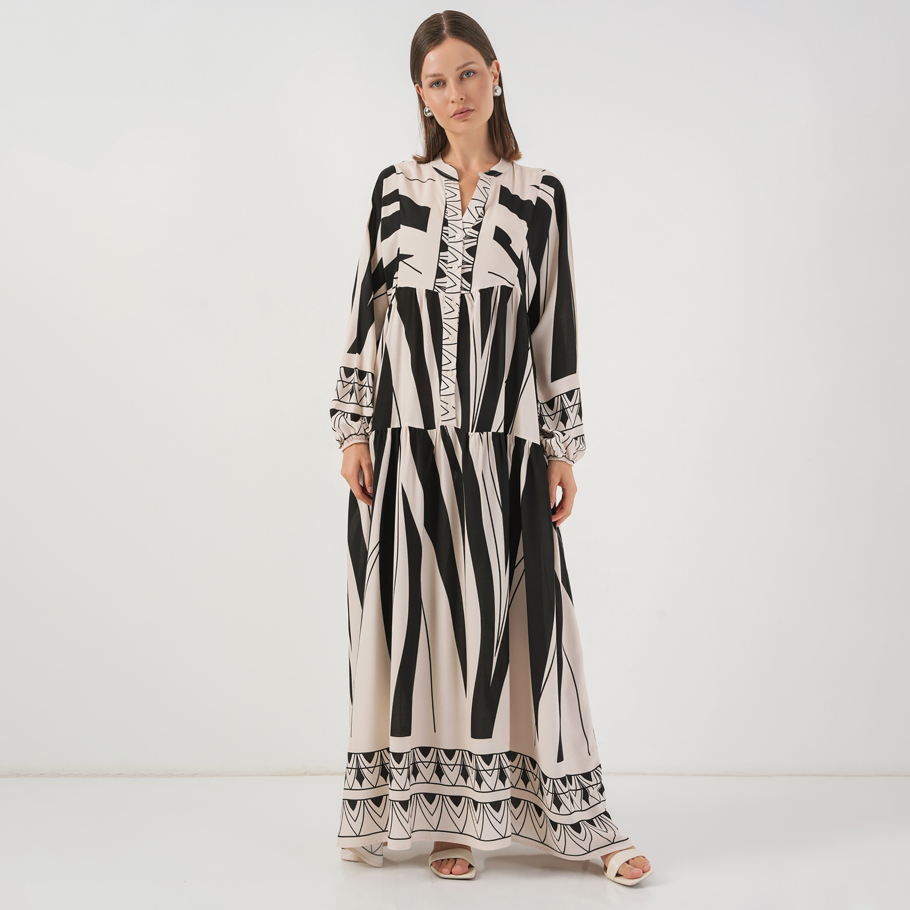 فستان ماكسي نسائي واسع بياقة ماندارين وطبعة ملونة من بيجدارت-women-clothing-dresses-image-1