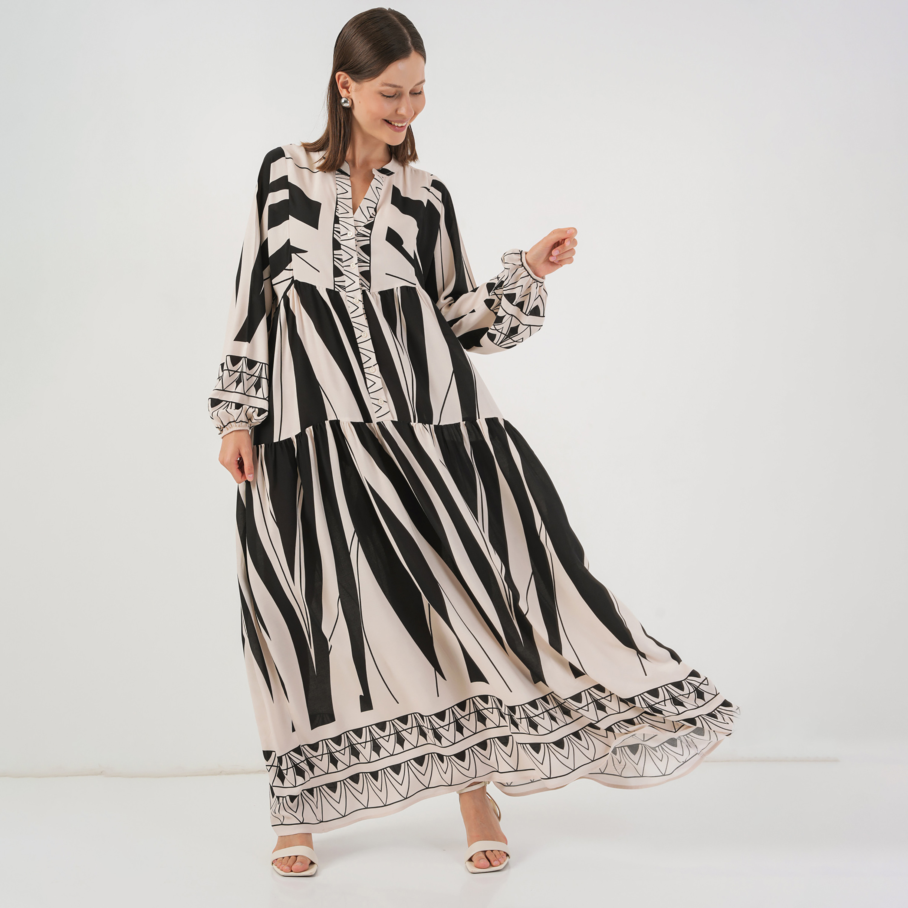 فستان ماكسي نسائي واسع بياقة ماندارين وطبعة ملونة من بيجدارت-women-clothing-dresses-image-2