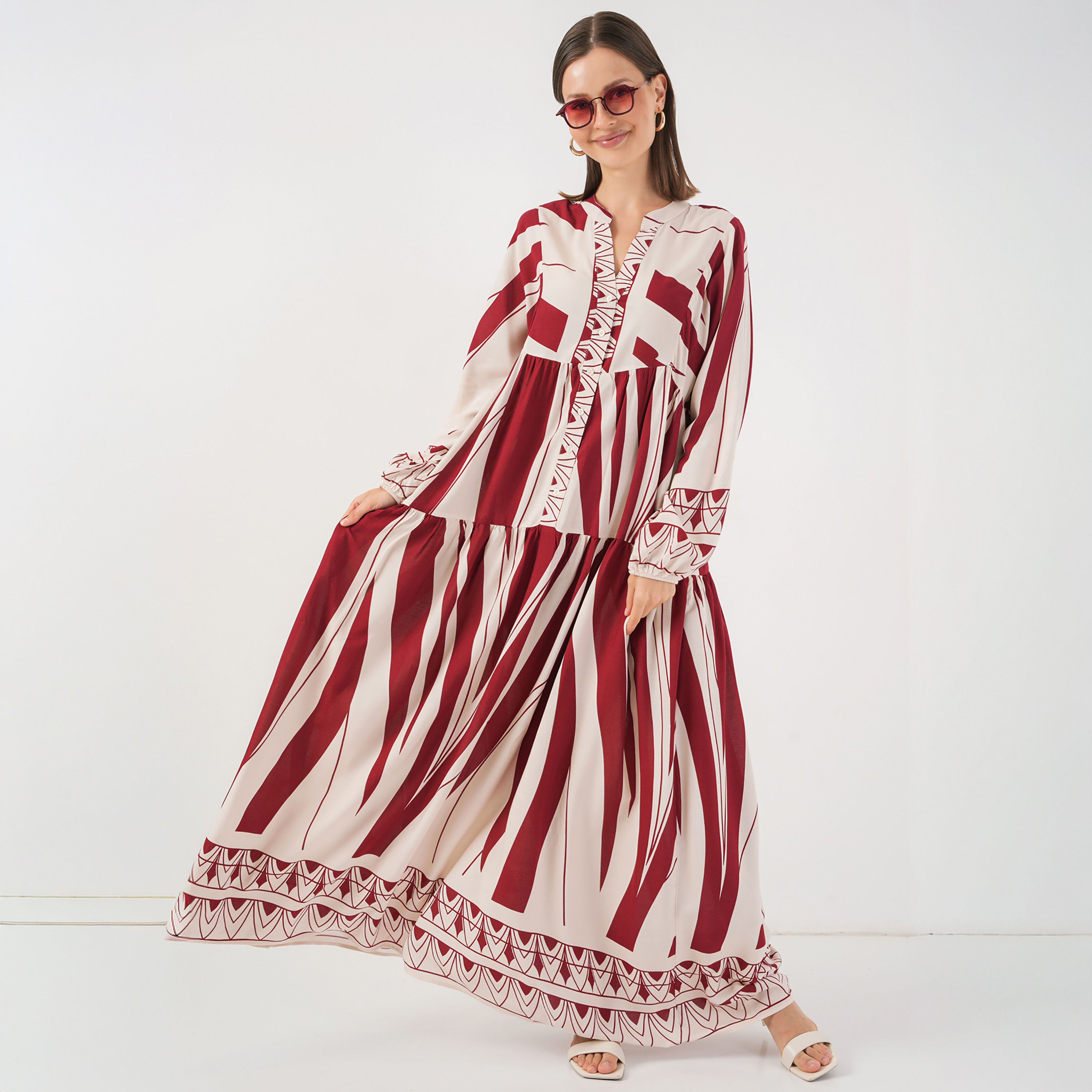 فستان ماكسي نسائي واسع بياقة ماندارين وطبعة ملونة من بيجدارت-women-clothing-dresses-image-11