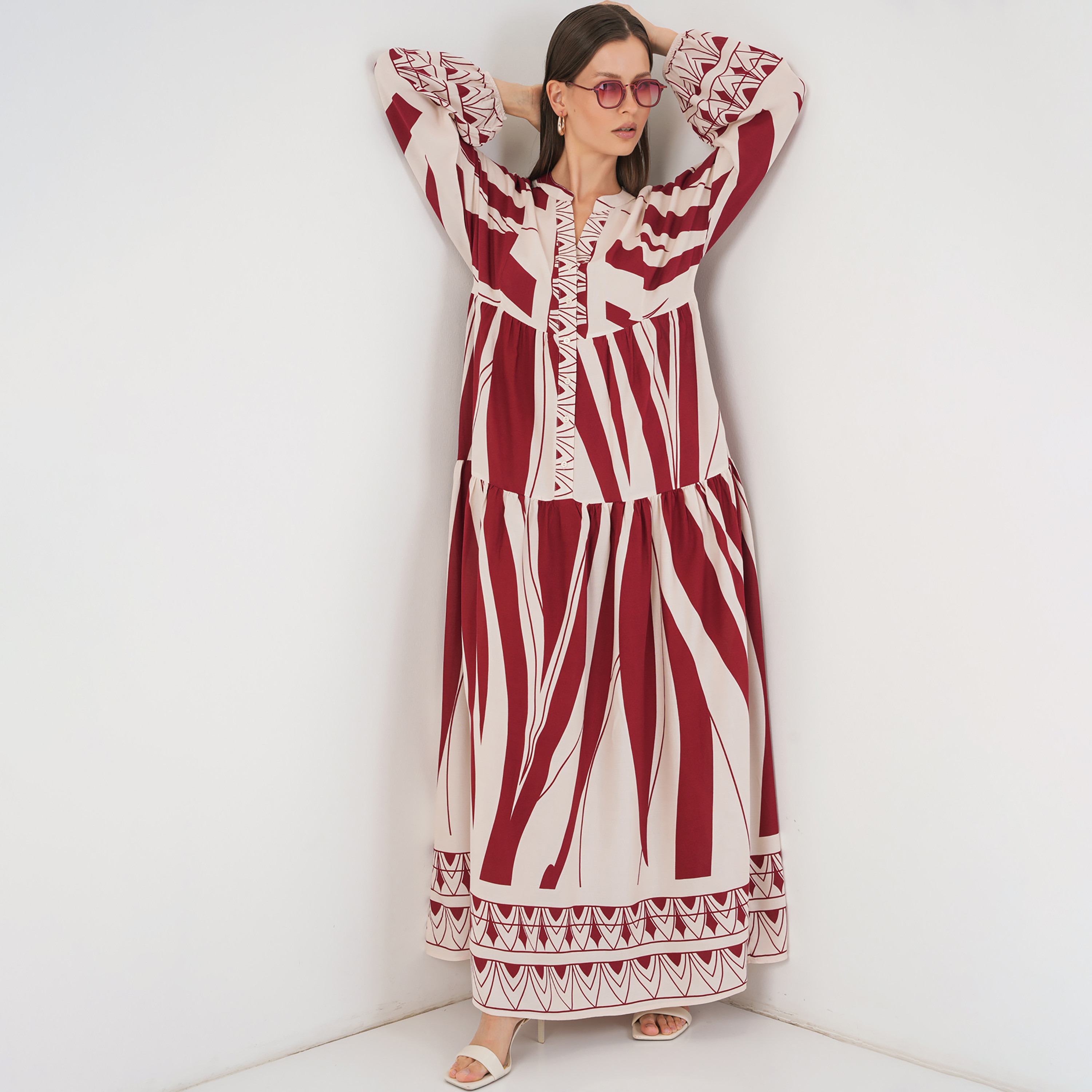فستان ماكسي نسائي واسع بياقة ماندارين وطبعة ملونة من بيجدارت-women-clothing-dresses-image-12