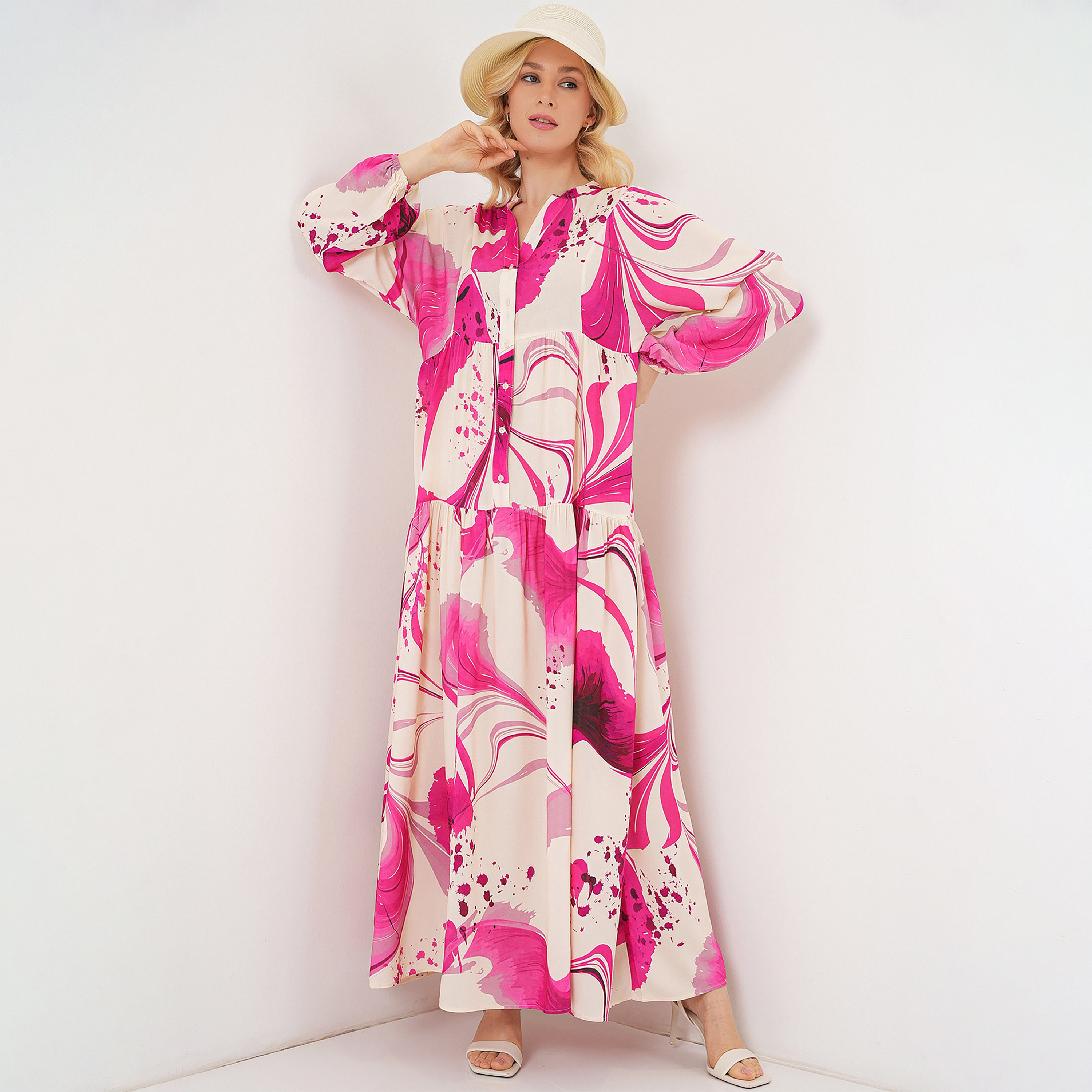 فستان ماكسي نسائي واسع بياقة ماندارين وطبعة تجريدية من بيجدارت-women-clothing-dresses-image-1