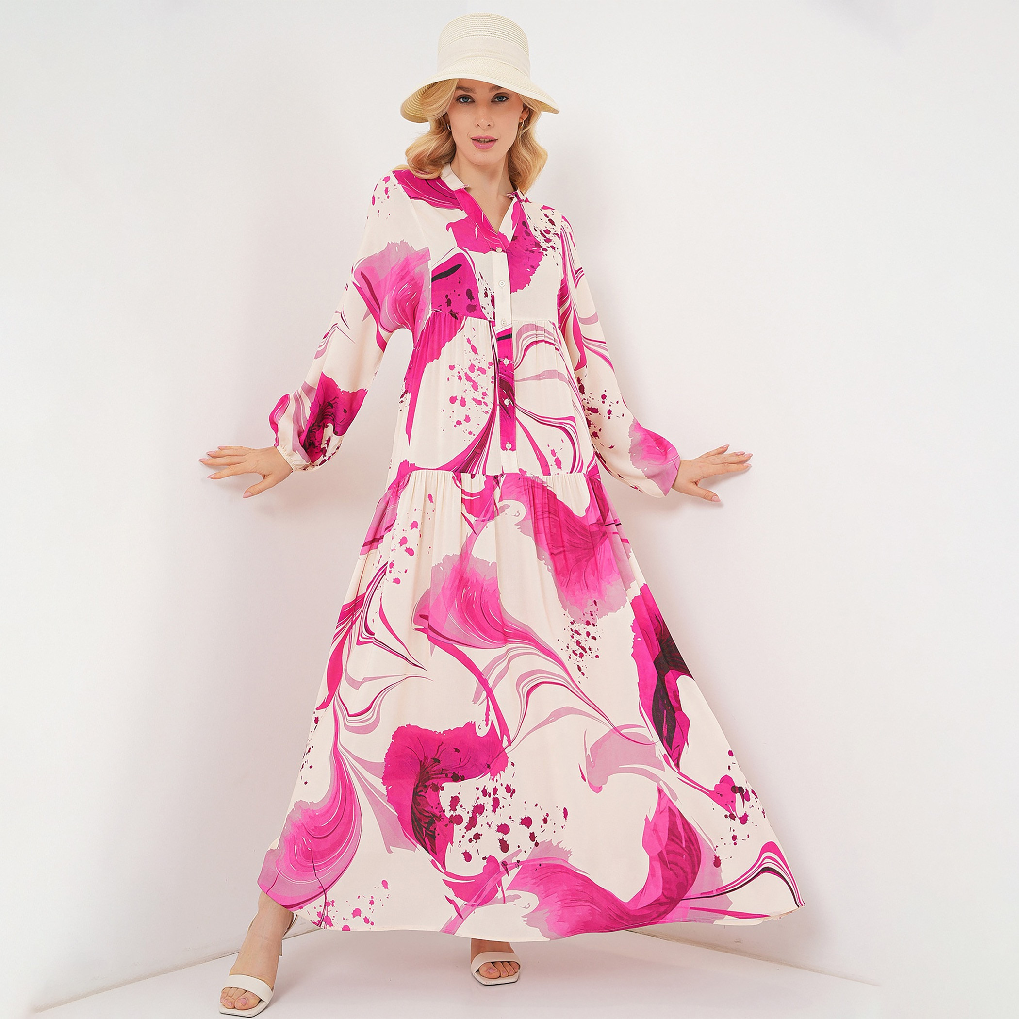 فستان ماكسي نسائي واسع بياقة ماندارين وطبعة تجريدية من بيجدارت-women-clothing-dresses-image-2