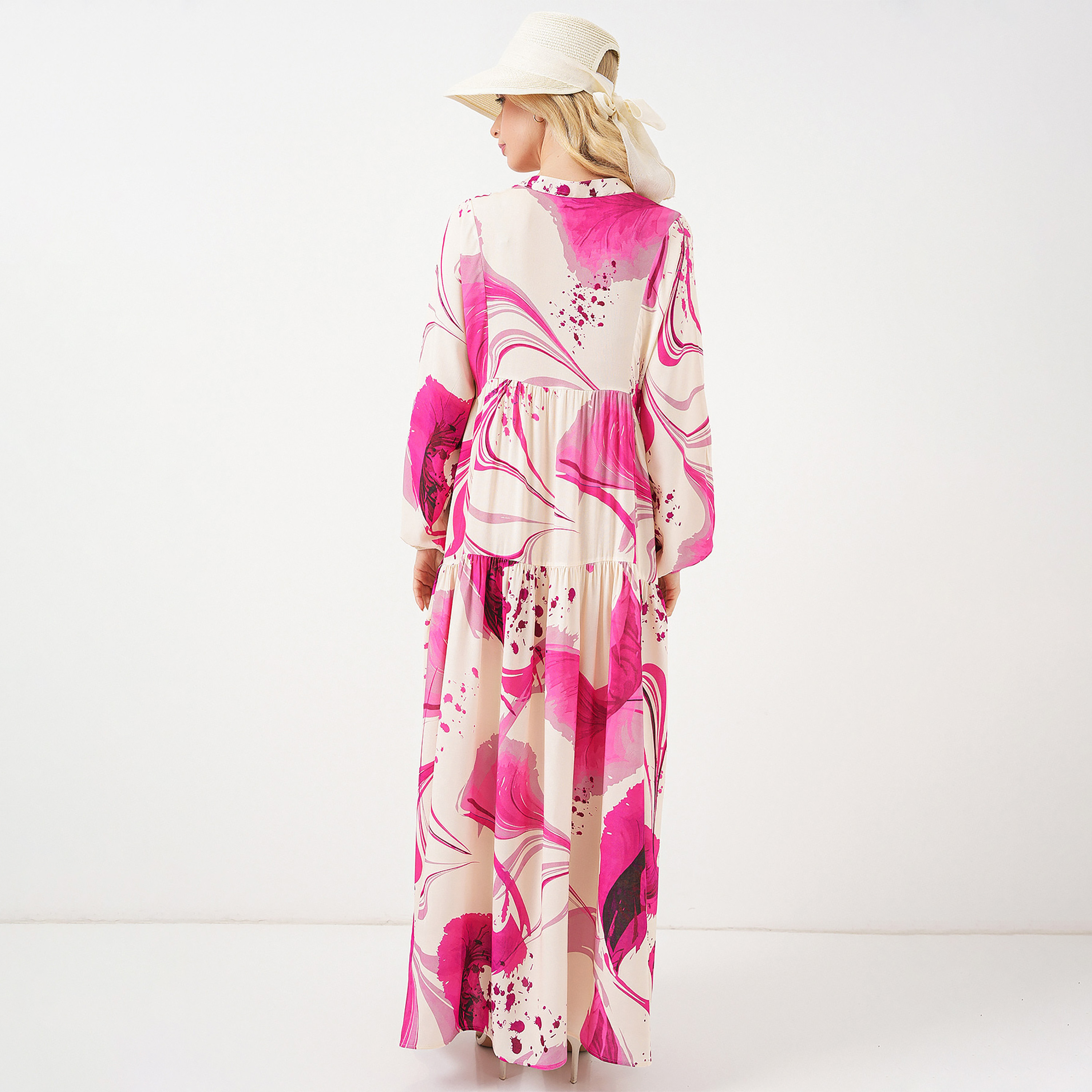فستان ماكسي نسائي واسع بياقة ماندارين وطبعة تجريدية من بيجدارت-women-clothing-dresses-image-3