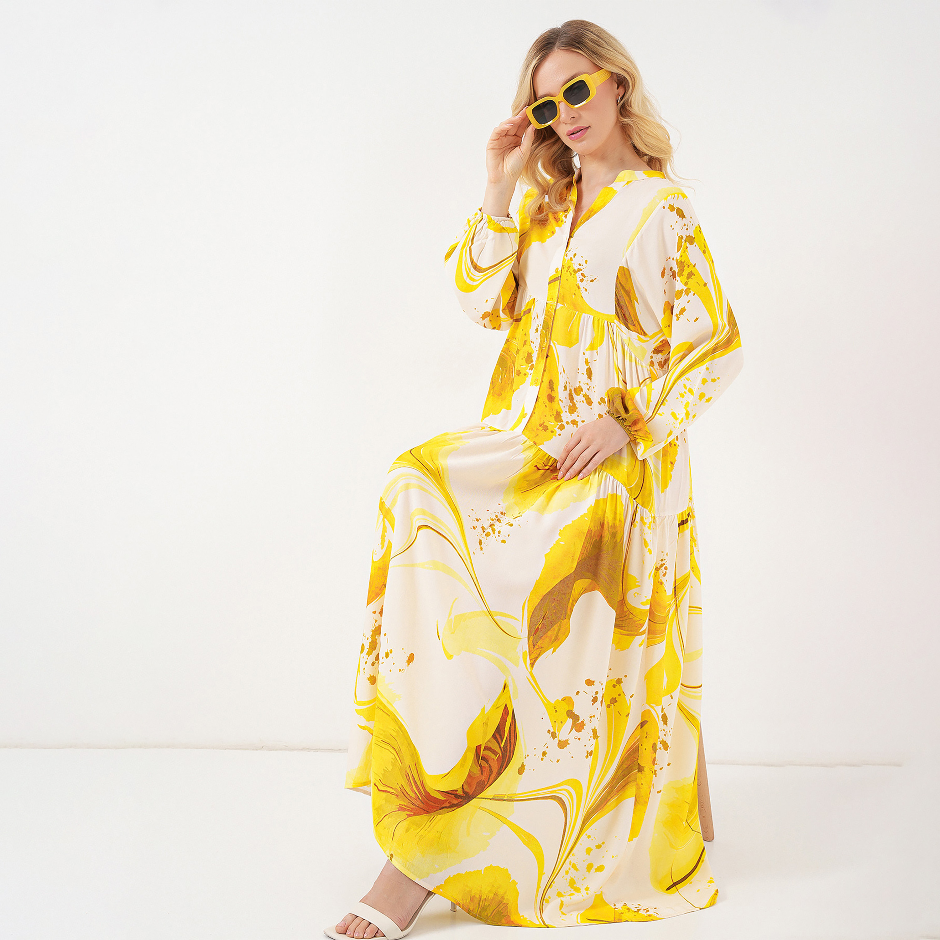 فستان ماكسي نسائي واسع بياقة ماندارين وطبعة تجريدية من بيجدارت-women-clothing-dresses-image-6