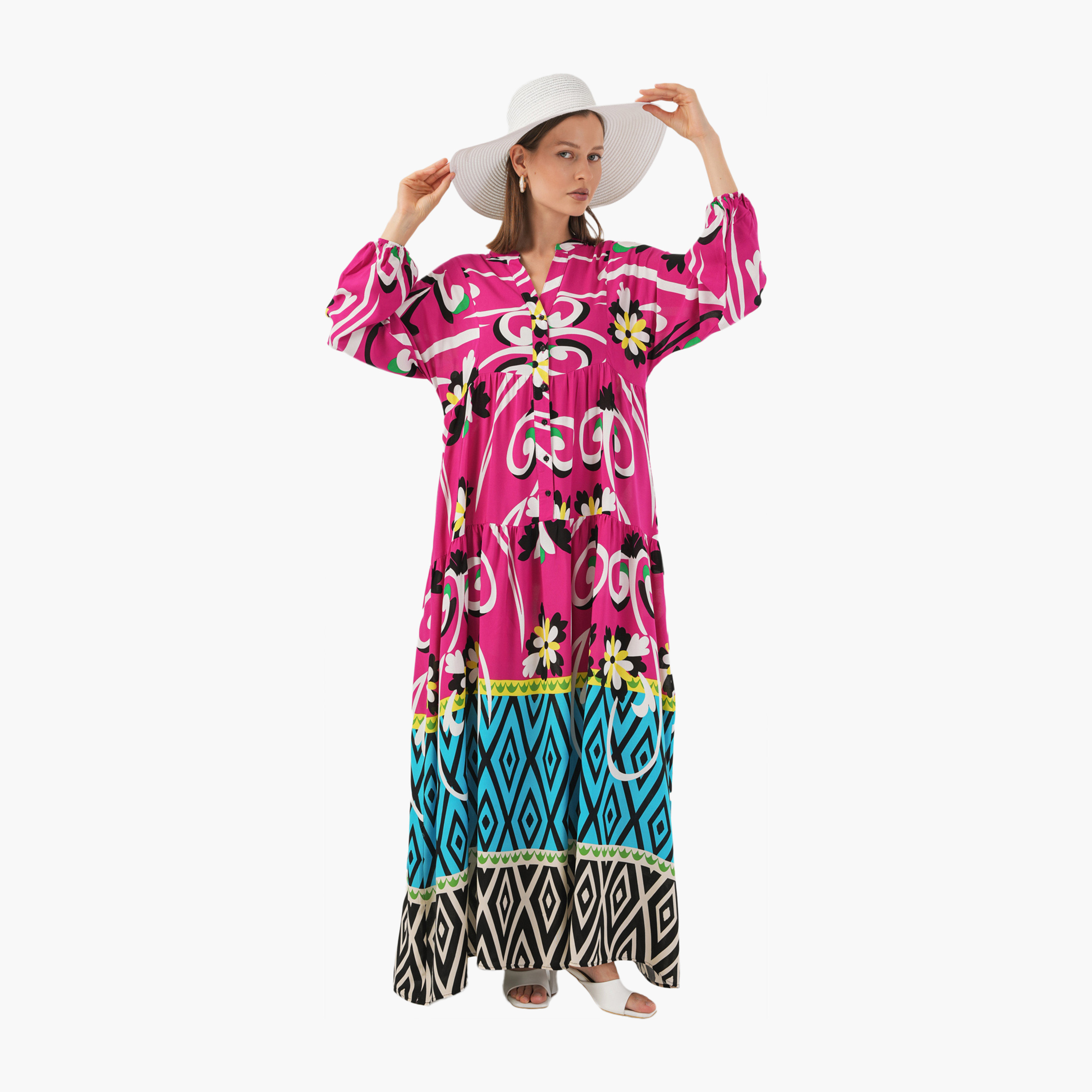 فستان ماكسي نسائي واسع بياقة ماندارين وطبعة زهور وهندسية وردية من بيجدارت-women-clothing-dresses-image-1