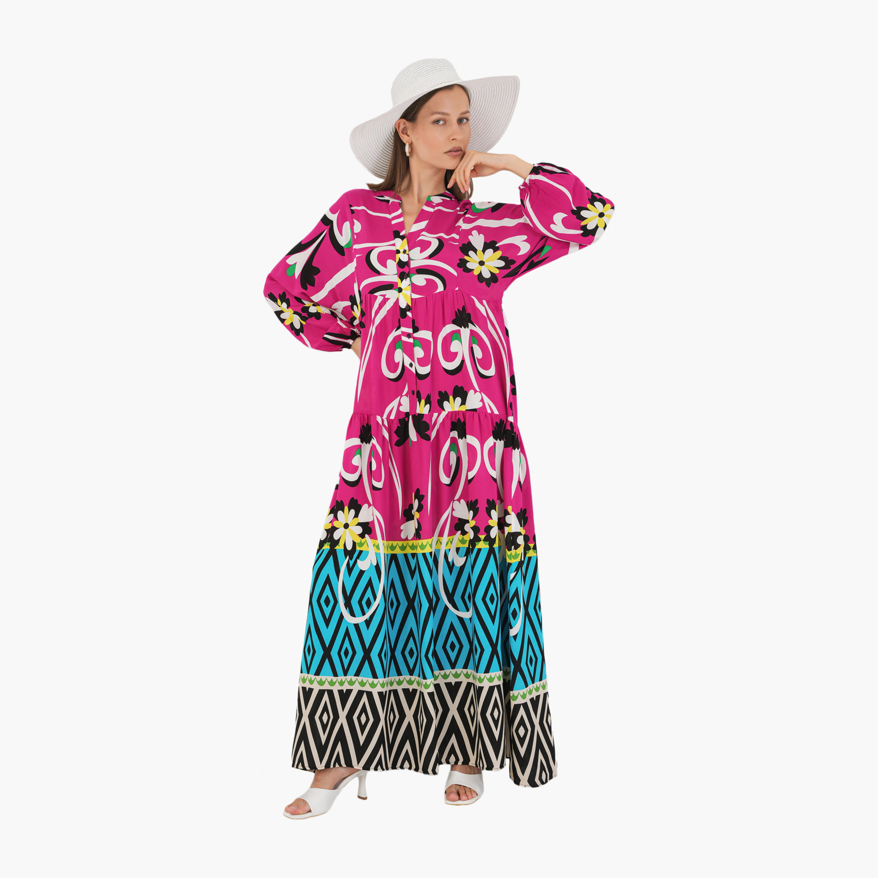فستان ماكسي نسائي واسع بياقة ماندارين وطبعة زهور وهندسية وردية من بيجدارت-women-clothing-dresses-image-2