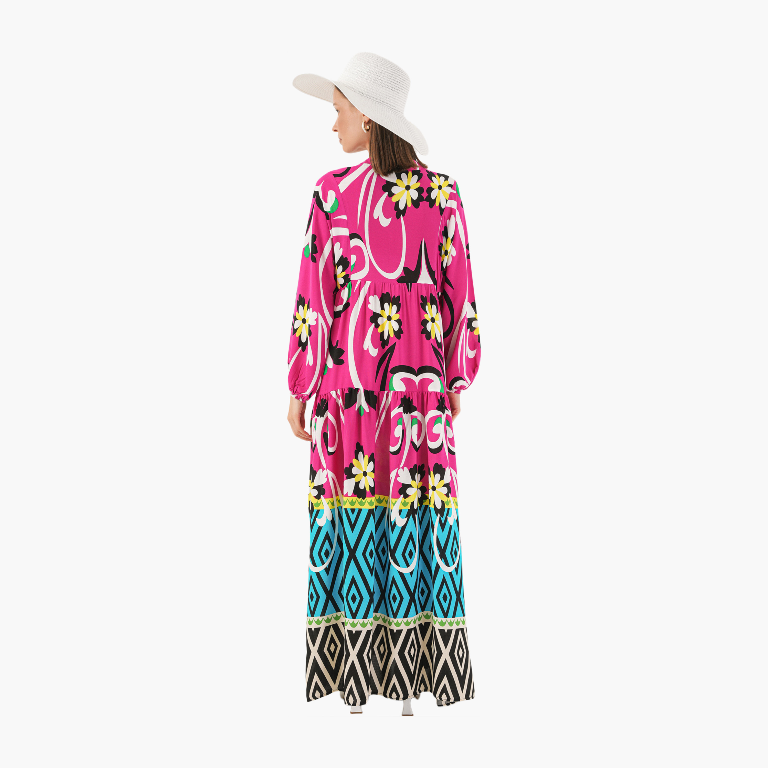 فستان ماكسي نسائي واسع بياقة ماندارين وطبعة زهور وهندسية وردية من بيجدارت-women-clothing-dresses-image-3