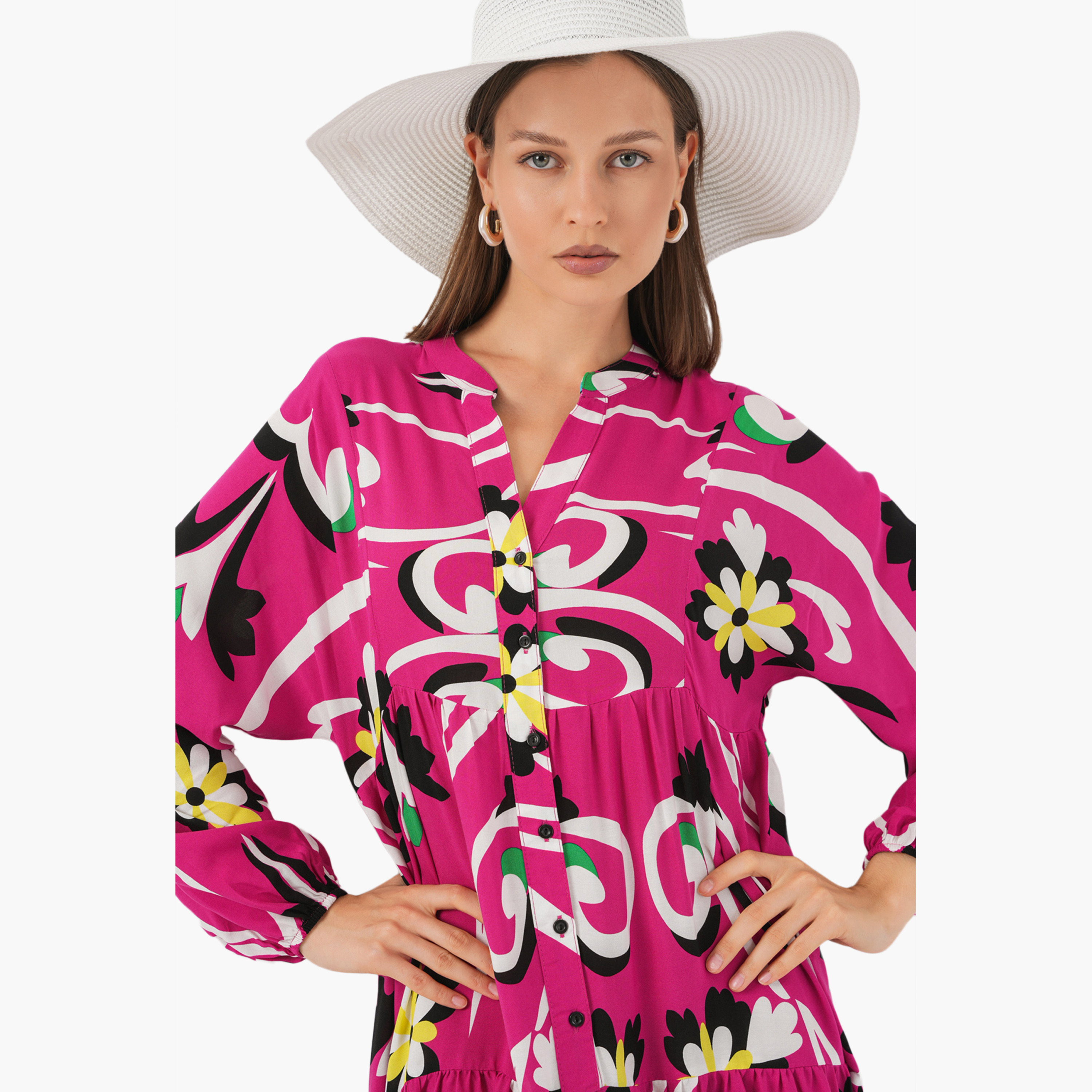 فستان ماكسي نسائي واسع بياقة ماندارين وطبعة زهور وهندسية وردية من بيجدارت-women-clothing-dresses-image-4