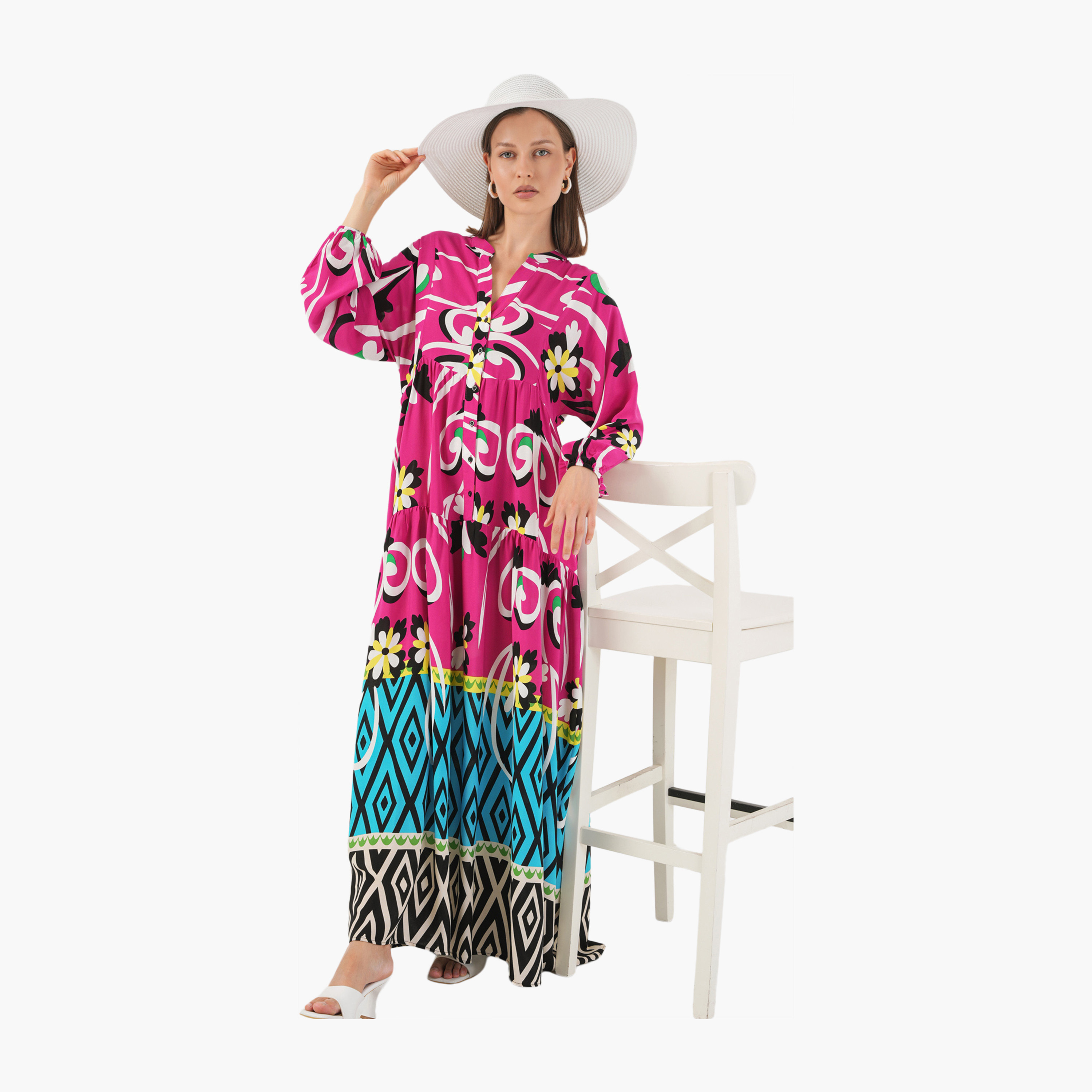 فستان ماكسي نسائي واسع بياقة ماندارين وطبعة زهور وهندسية وردية من بيجدارت-women-clothing-dresses-image-5
