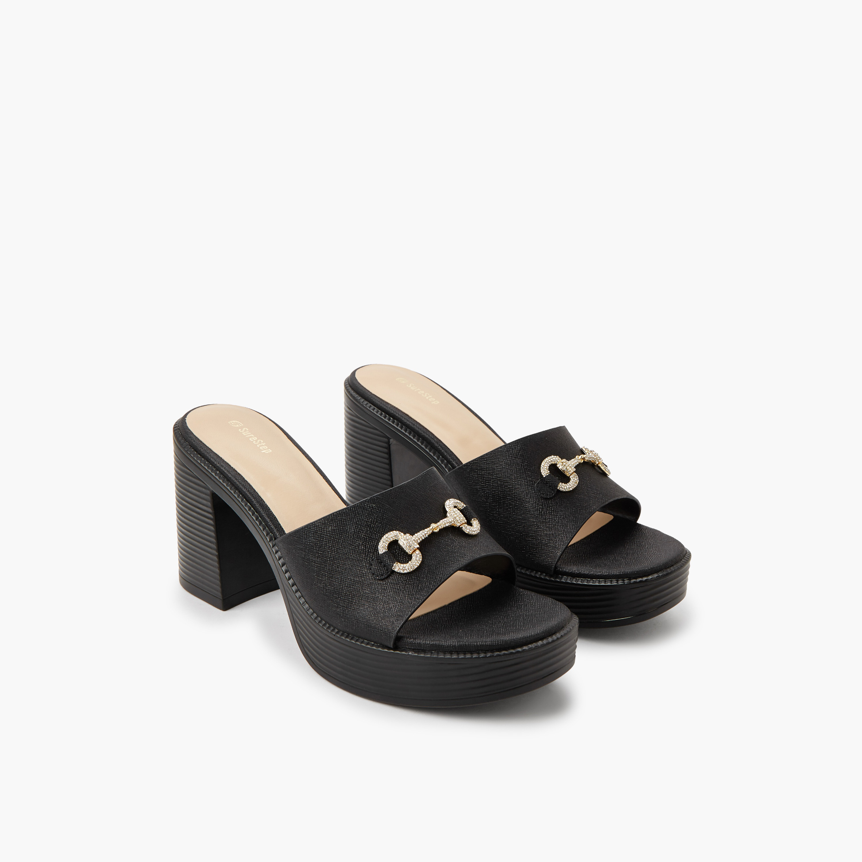 Surestep Women Lightweight Metallic Block Heel Sandals with Embellished Buckle-women-shoes-sandals-heeled-image-1