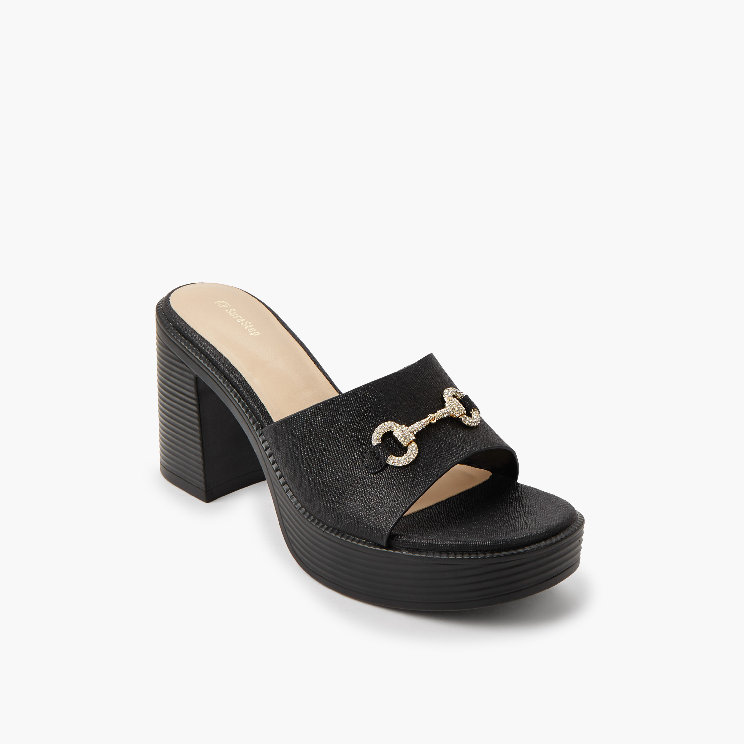 Surestep Women Lightweight Metallic Block Heel Sandals with Embellished Buckle-women-shoes-sandals-heeled-image-2
