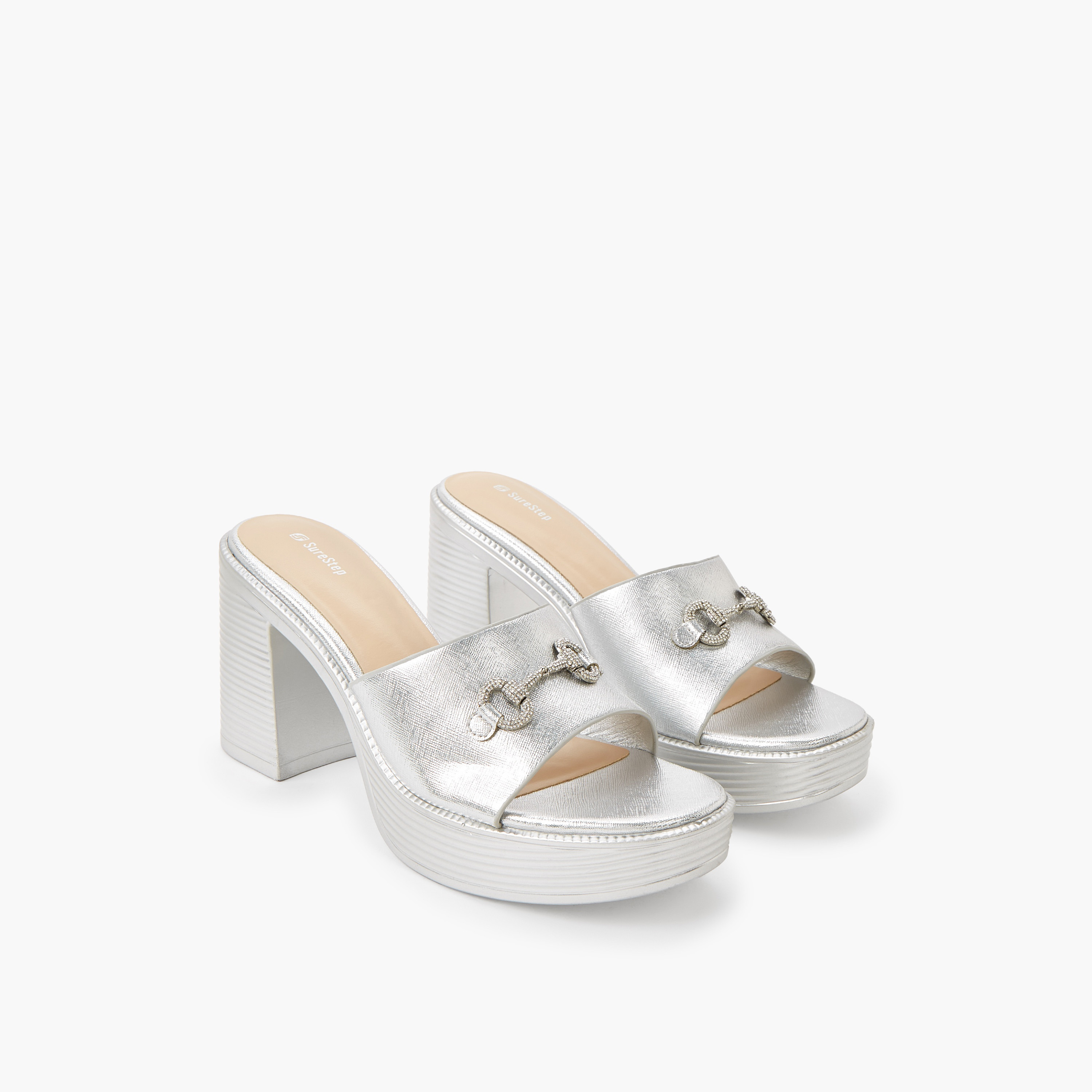 Surestep Women Lightweight Metallic Block Heel Sandals with Embellished Buckle-women-shoes-sandals-heeled-image-1