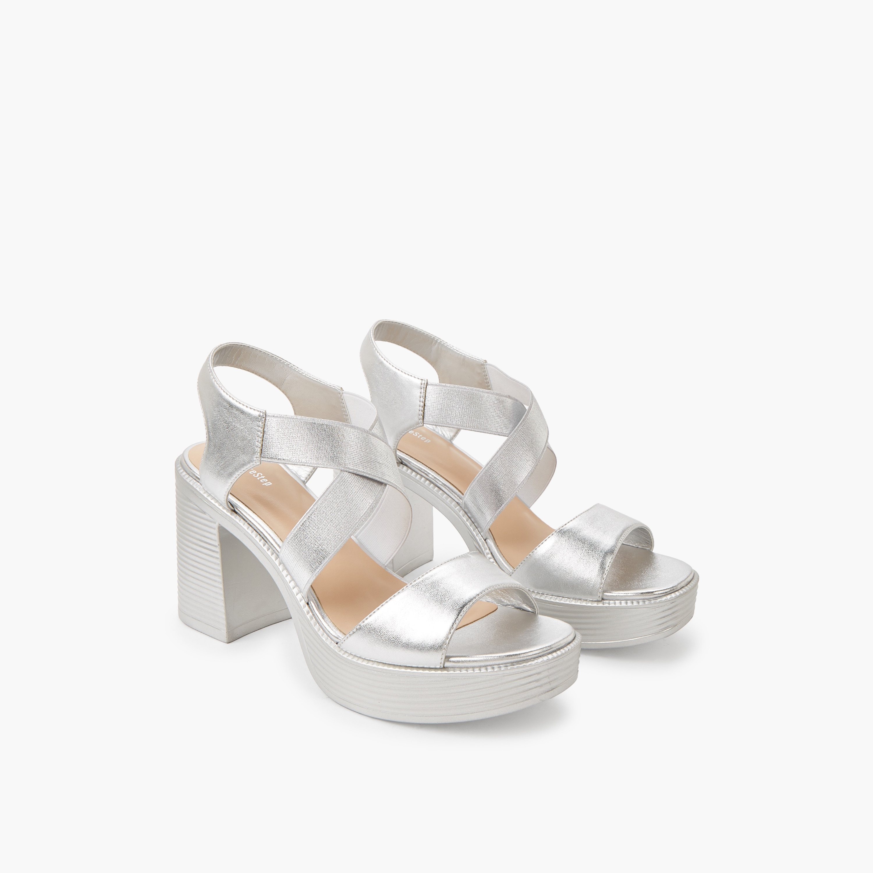 Surestep Women Lightweight Metallic Block Heel Sandals with Elastic Cross Straps-women-shoes-sandals-heeled-image-1
