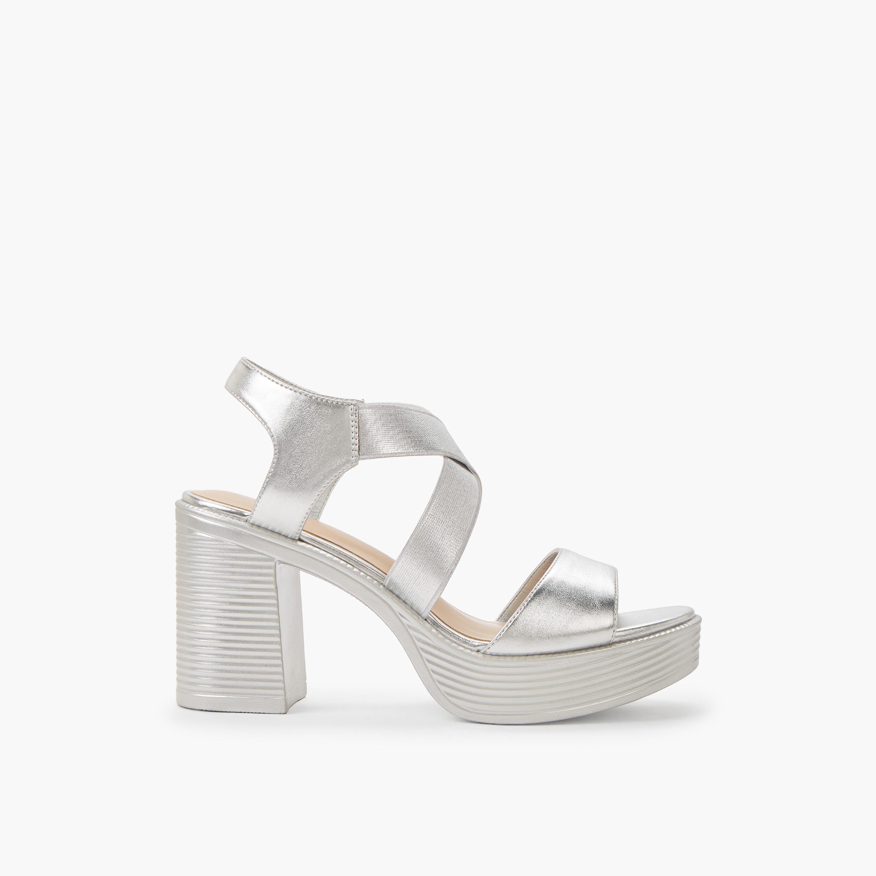 Surestep Women Lightweight Metallic Block Heel Sandals with Elastic Cross Straps-women-shoes-sandals-heeled-image-3