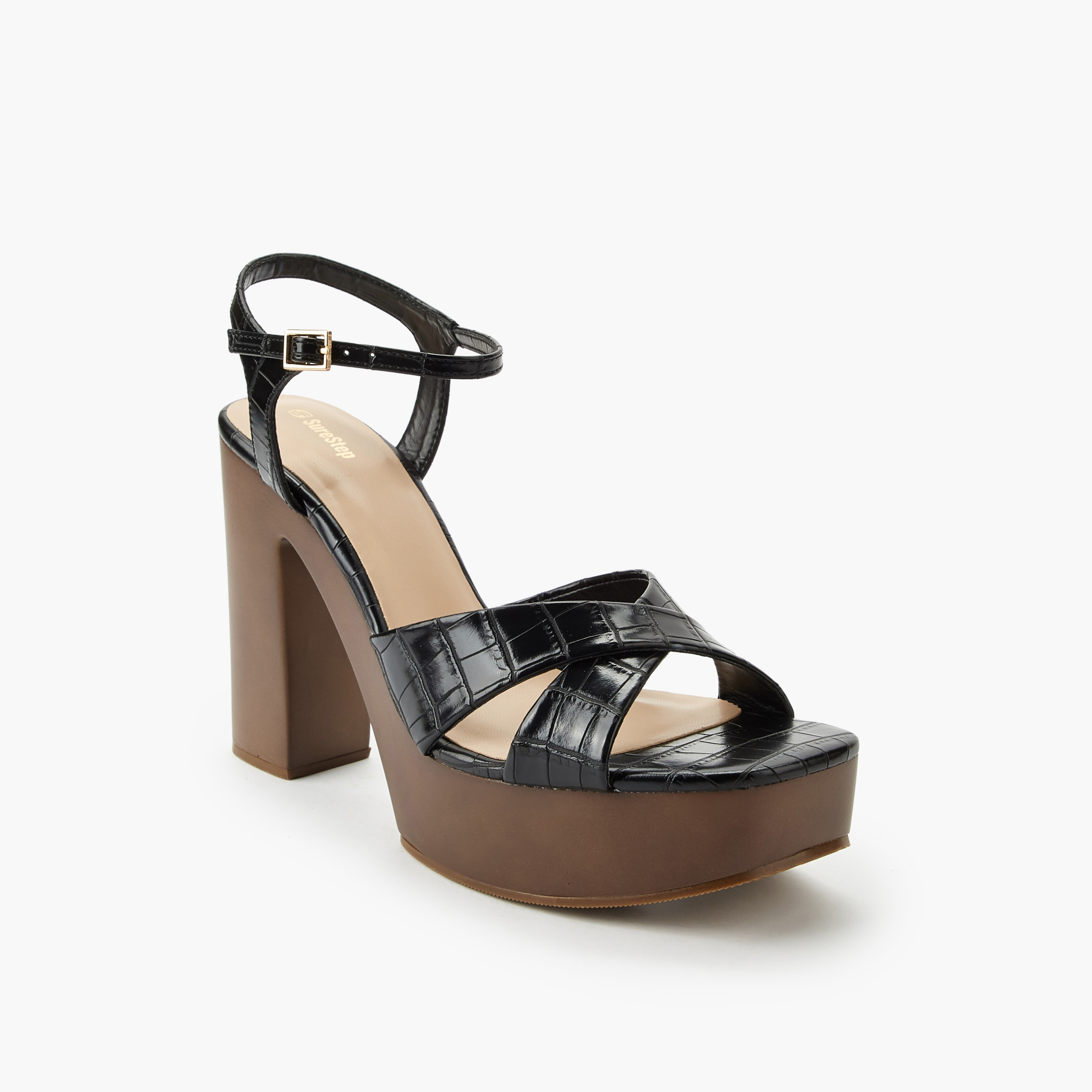 Surestep Women Textured Lightweight Platform Heel Sandals with Ankle Strap-women-shoes-sandals-heeled-image-2