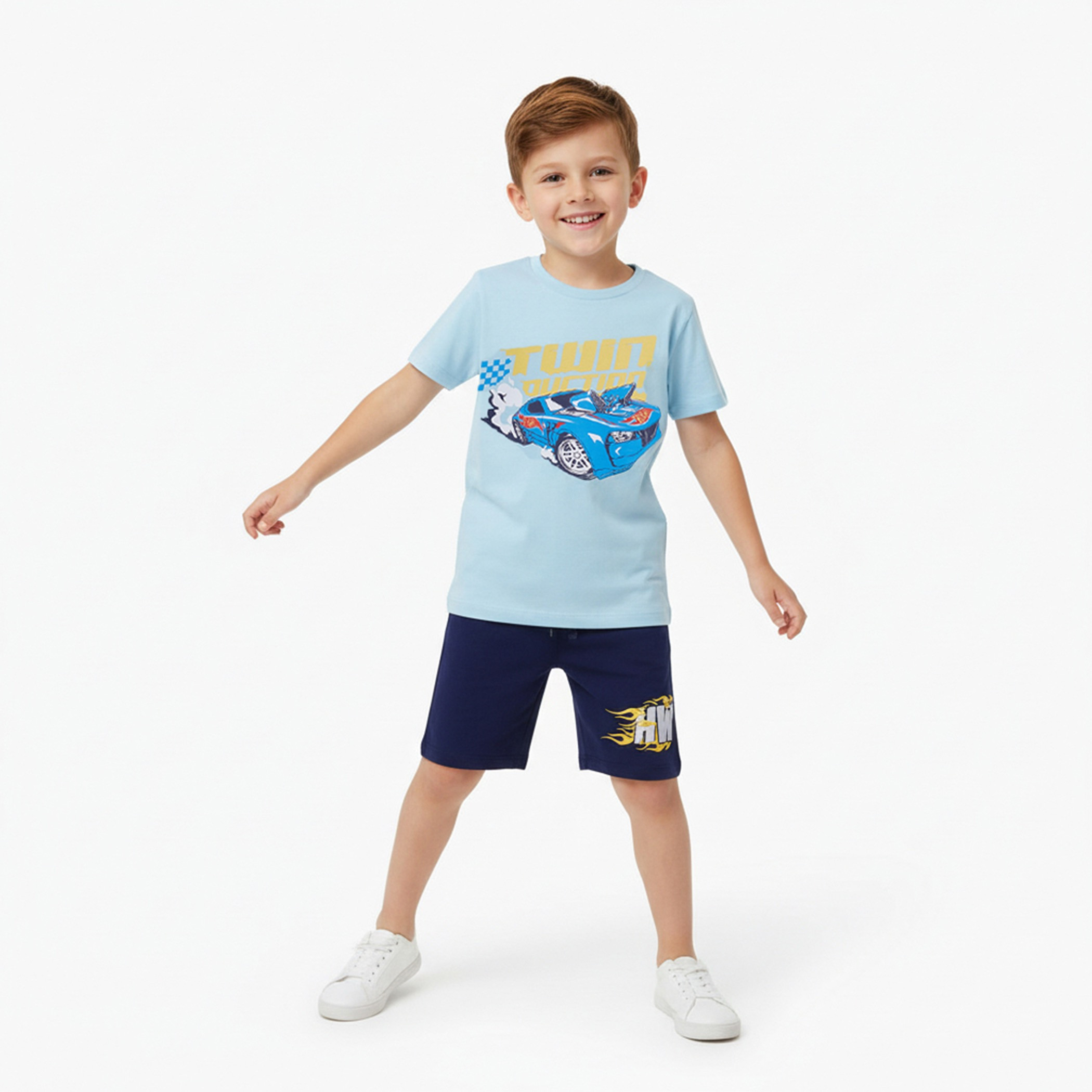 Hot Wheels Printed Cotton T-Shirt & Shorts Set-boys-clothing-setsandcoords-image-1