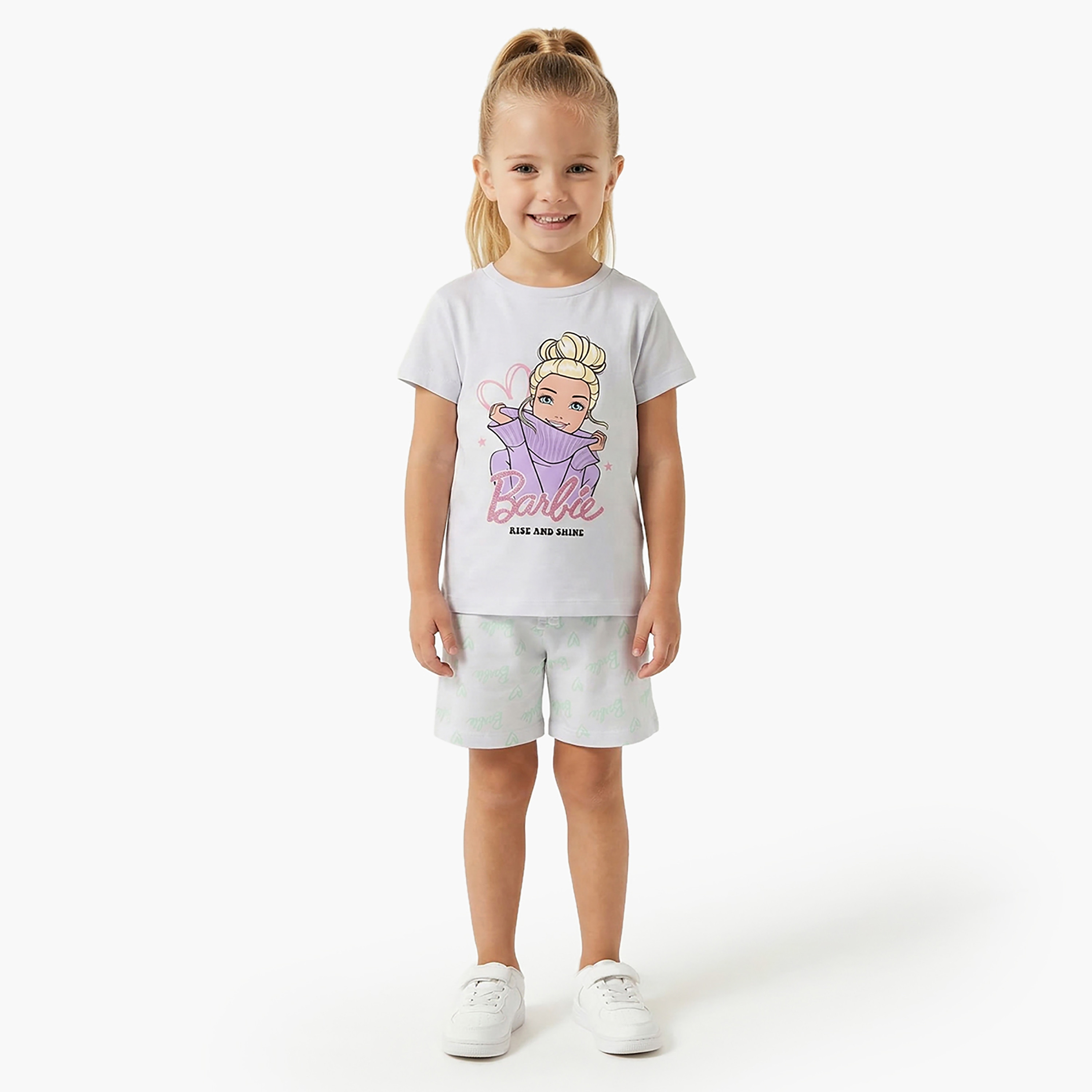 طقم تيشيرت وشورت قطني بطبعة باربي-girls-clothing-setsandcoords-image-1