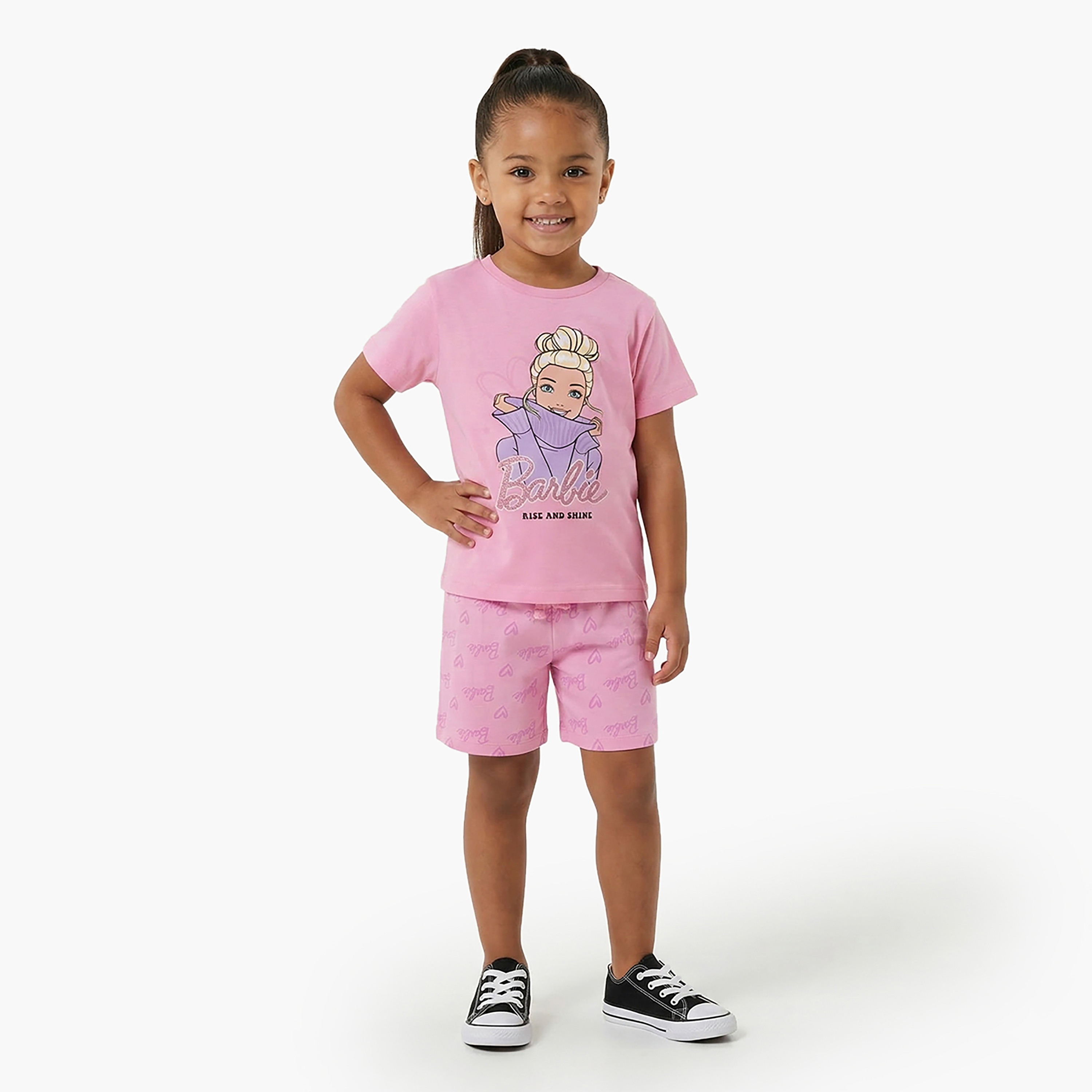 طقم تيشيرت وشورت قطني بطبعة باربي-girls-clothing-setsandcoords-image-7