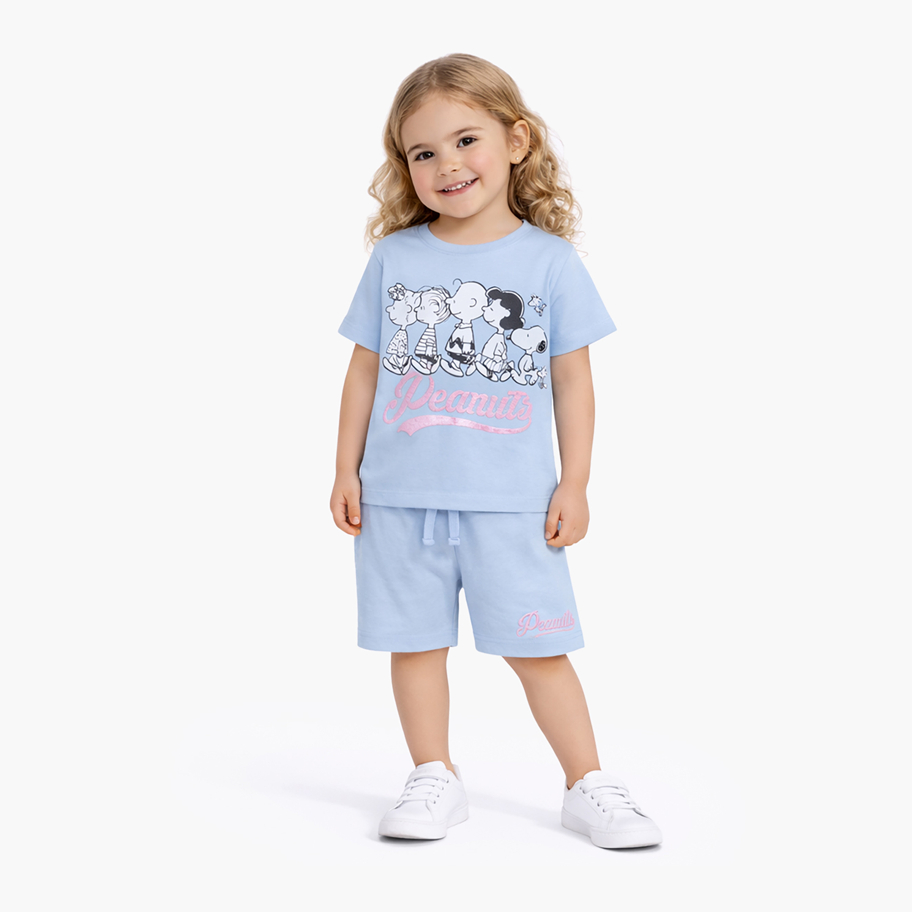 Peanuts Printed Cotton T-Shirt & Shorts Set-girls-clothing-setsandcoords-image-1