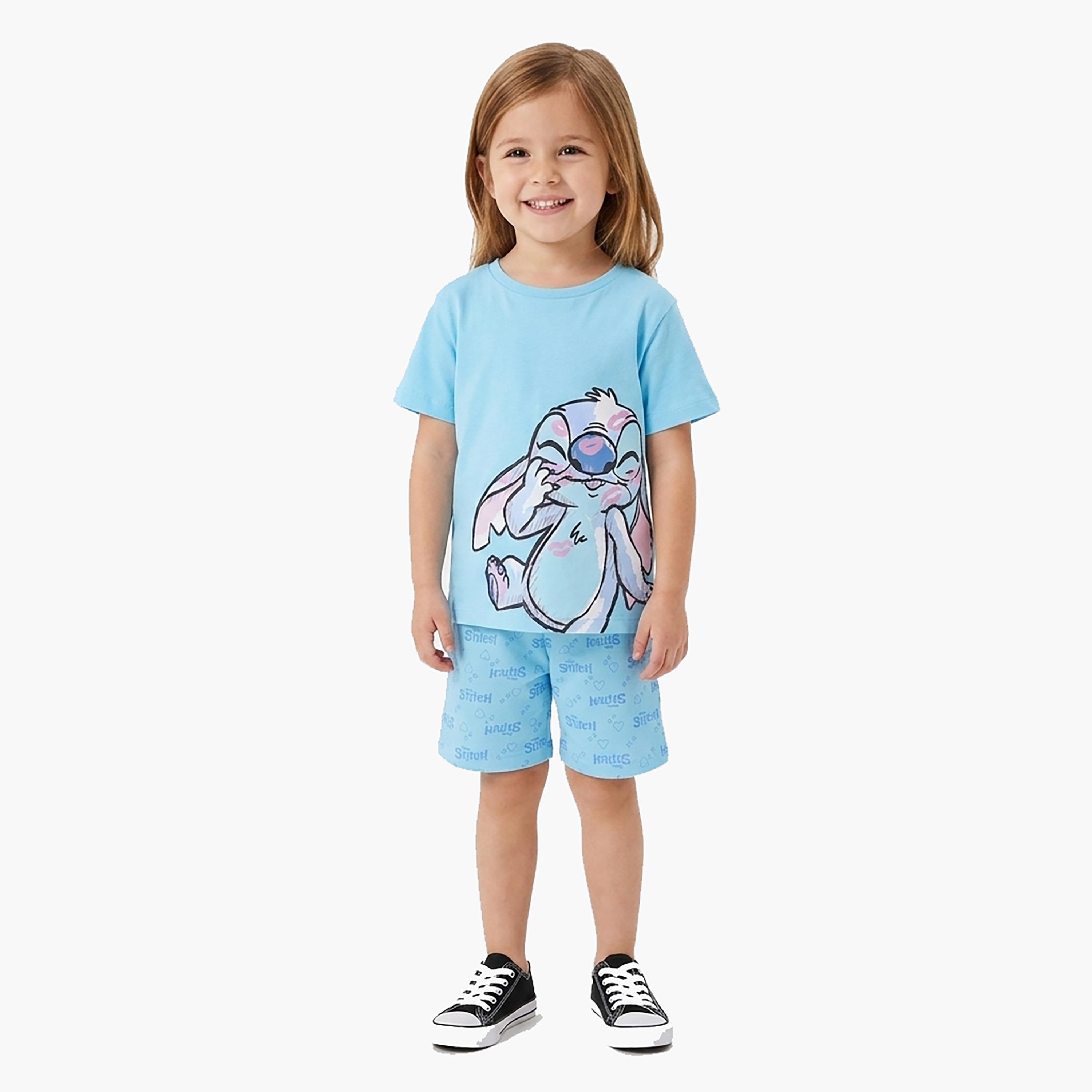 Lilo & Stitch Printed Cotton T-Shirt & Shorts Set-girls-clothing-setsandcoords-image-1