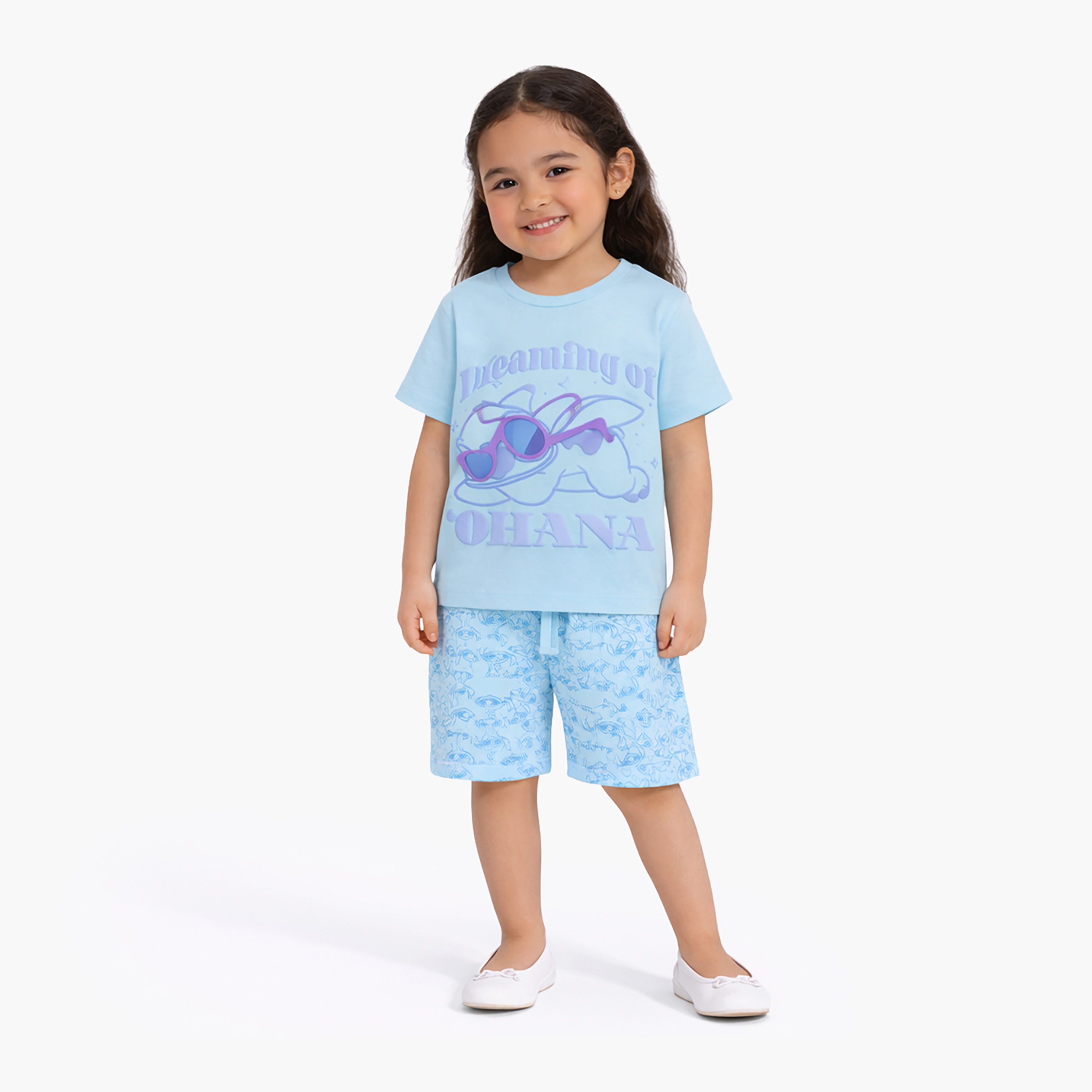 Lilo & Stitch Printed Cotton T-Shirt & Shorts Set-girls-clothing-setsandcoords-image-1