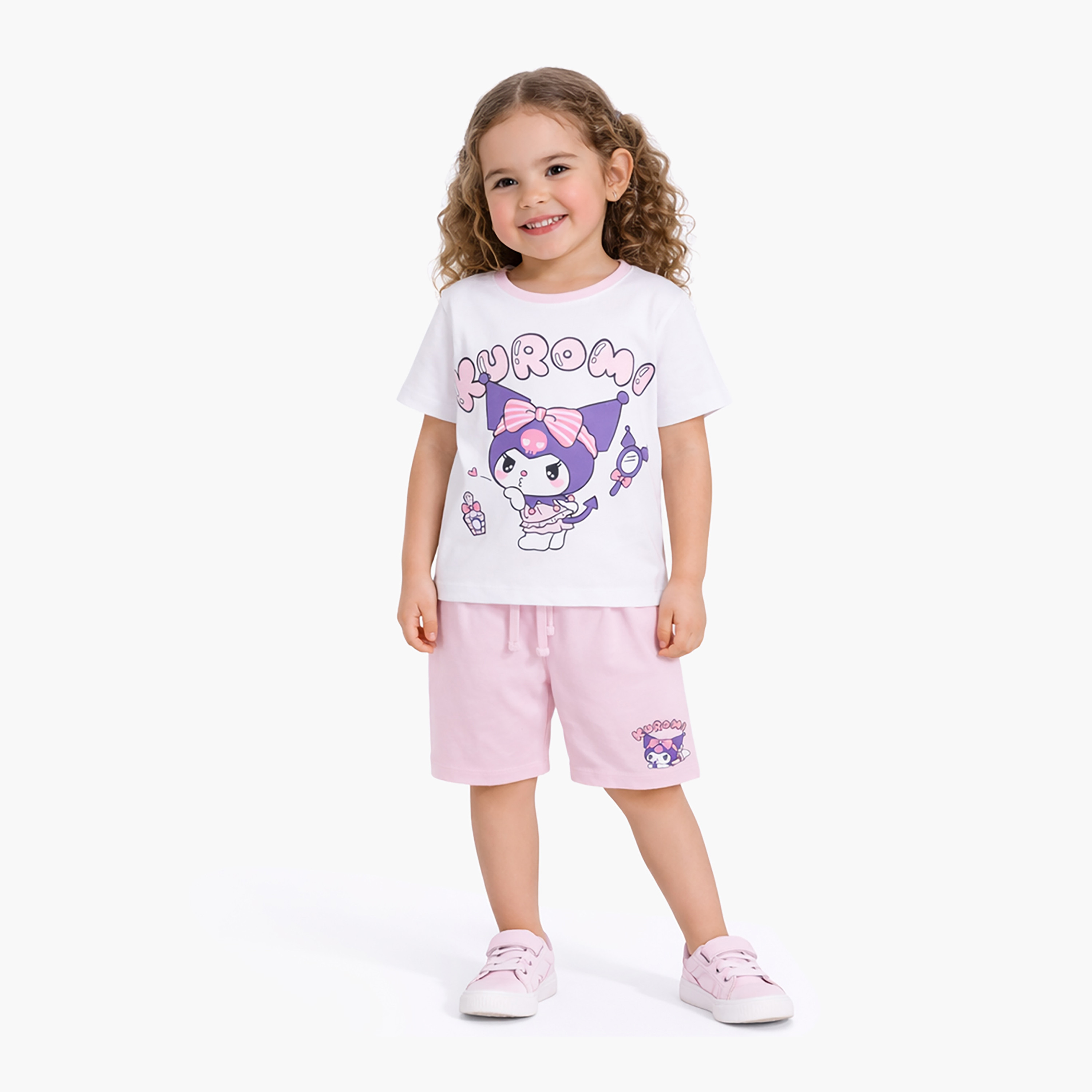 Kuromi Printed Cotton T-Shirt & Shorts Set-girls-clothing-setsandcoords-image-1