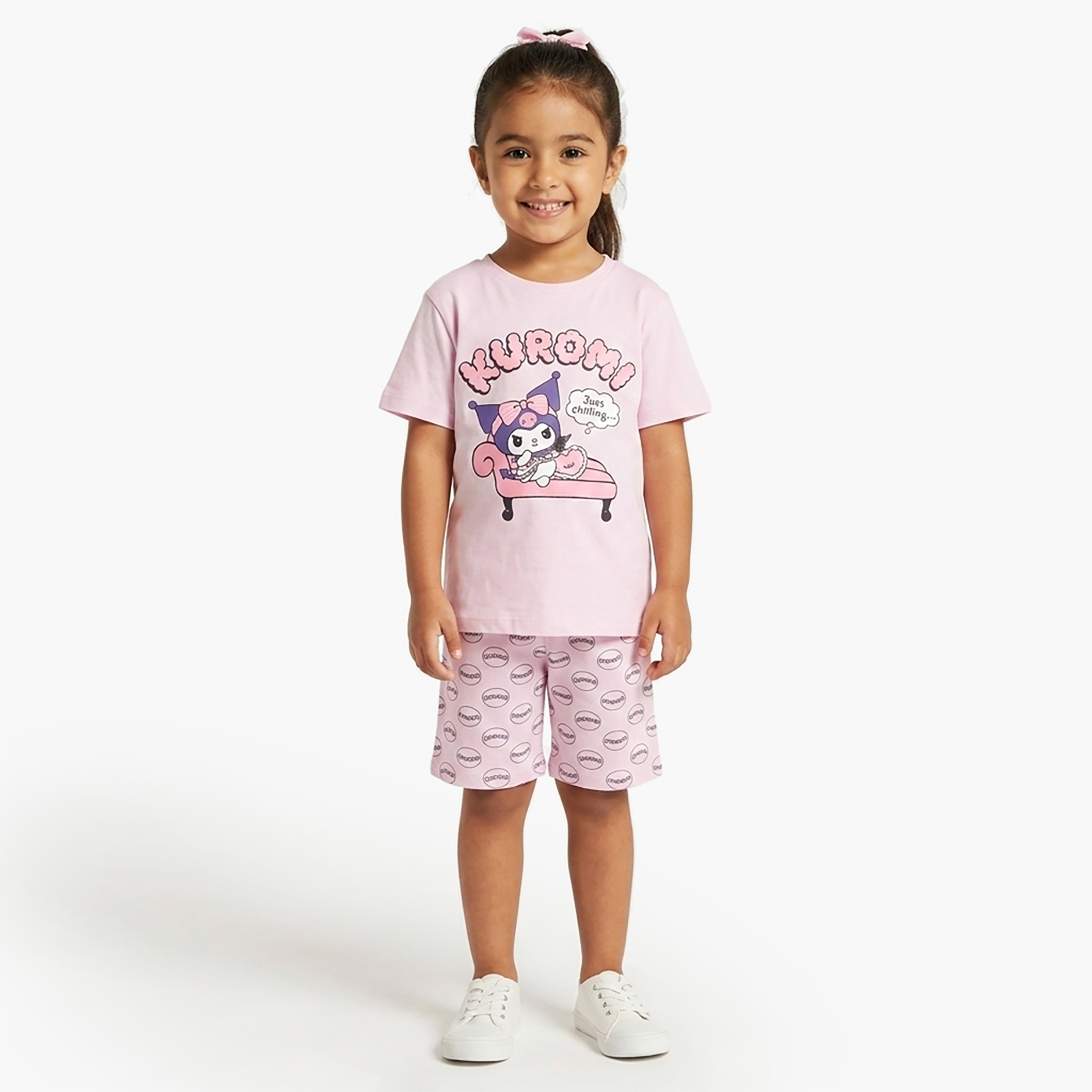 Kuromi Printed Cotton T-Shirt & Shorts Set-girls-clothing-setsandcoords-image-1