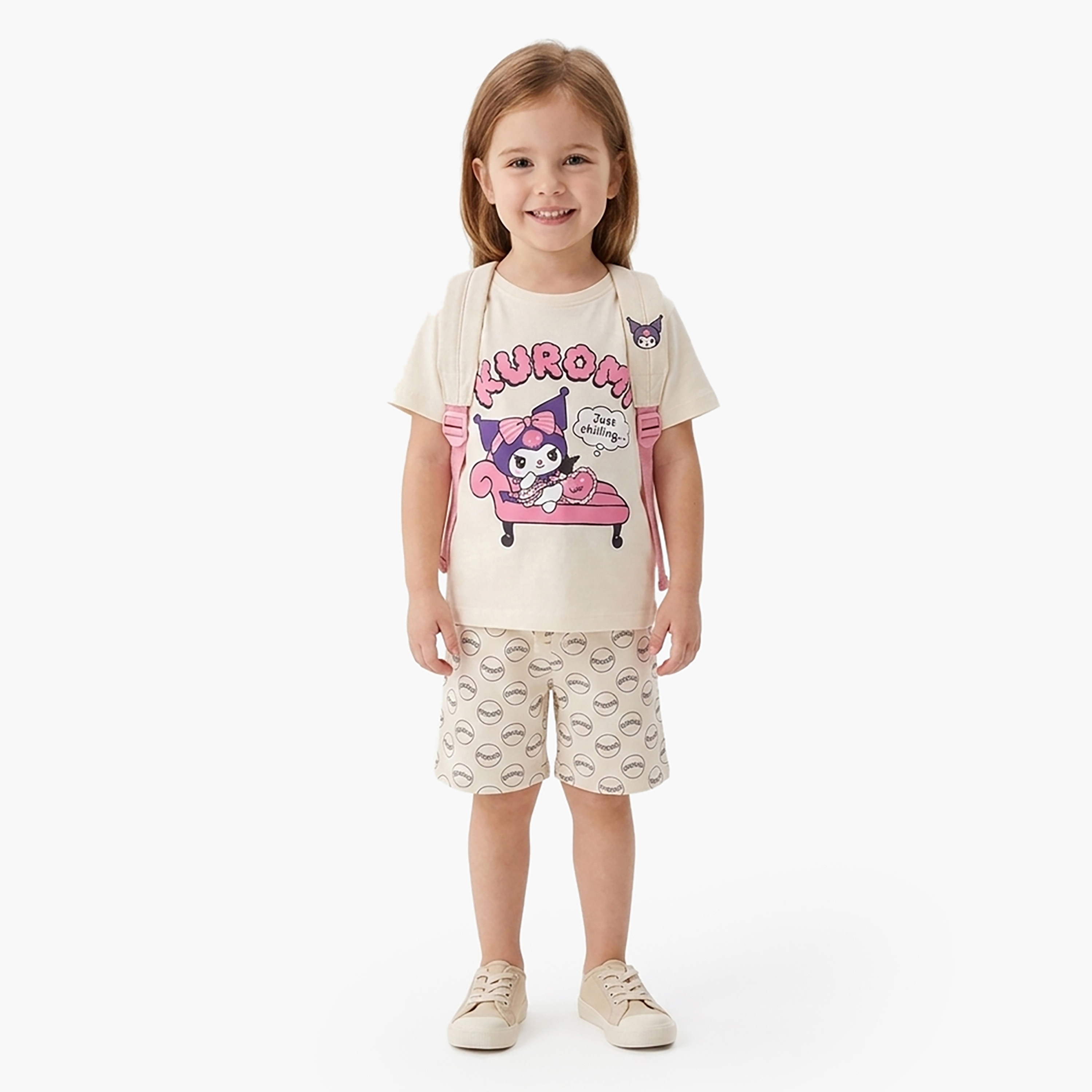 Kuromi Printed Cotton T-Shirt & Shorts Set-girls-clothing-setsandcoords-image-1