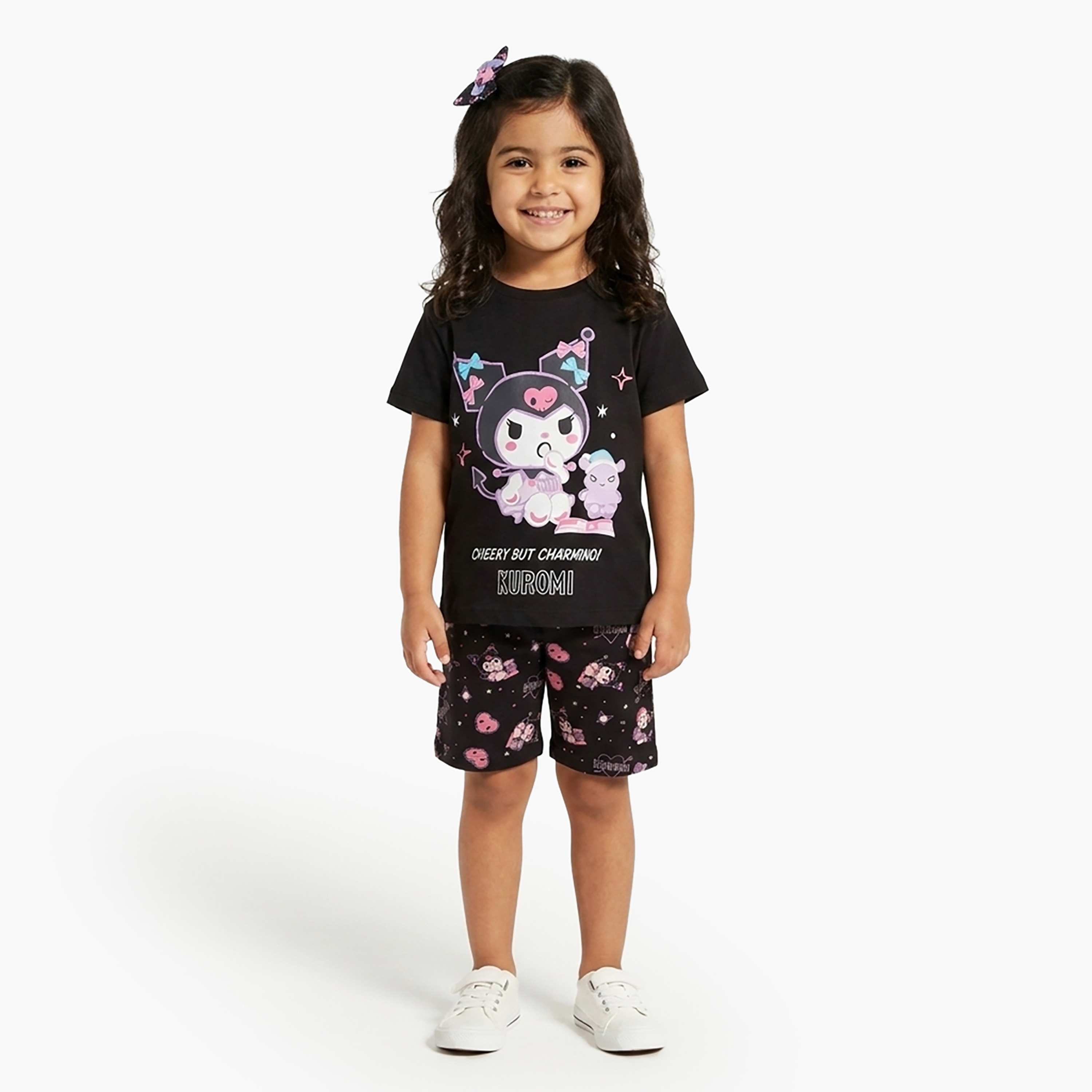 Kuromi Printed Cotton T-Shirt & Shorts Set-girls-clothing-setsandcoords-image-1